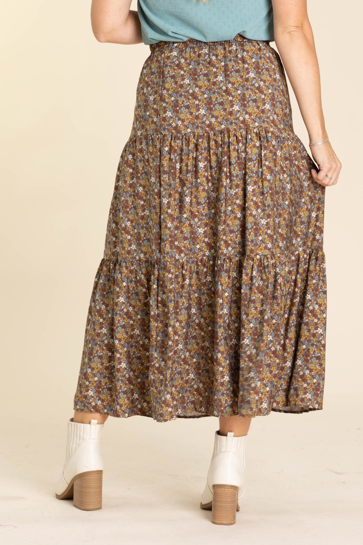 Brown Floral Tiered Maxi Skirt