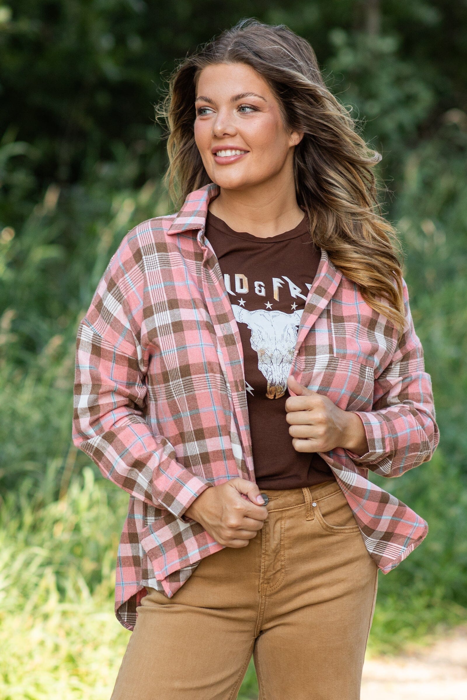 Salmon and Brown Plaid Button Up Top - Filly Flair