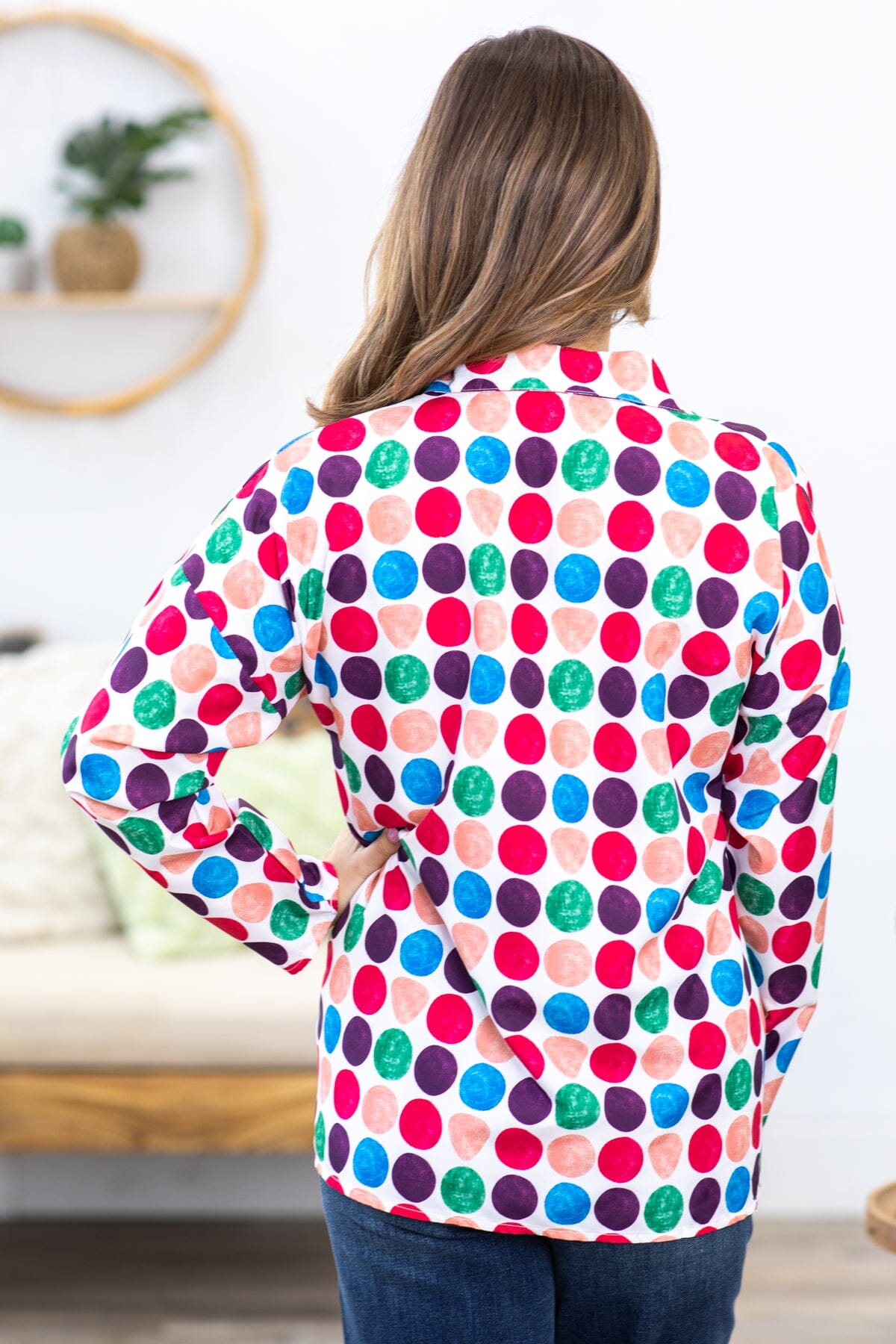 White Multicolor Polka Dot Roll Sleeve Top - Filly Flair