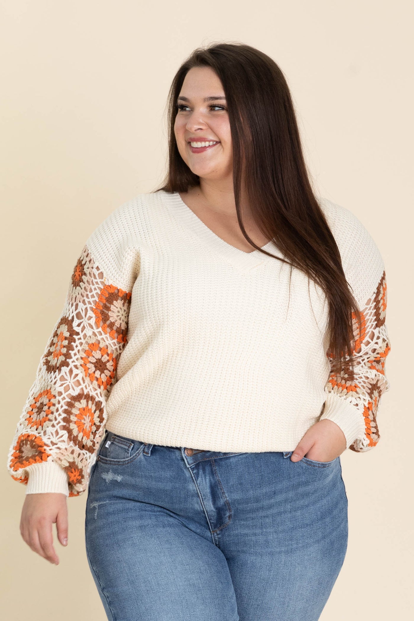 Oatmeal Granny Square Sleeve Crochet Sweater