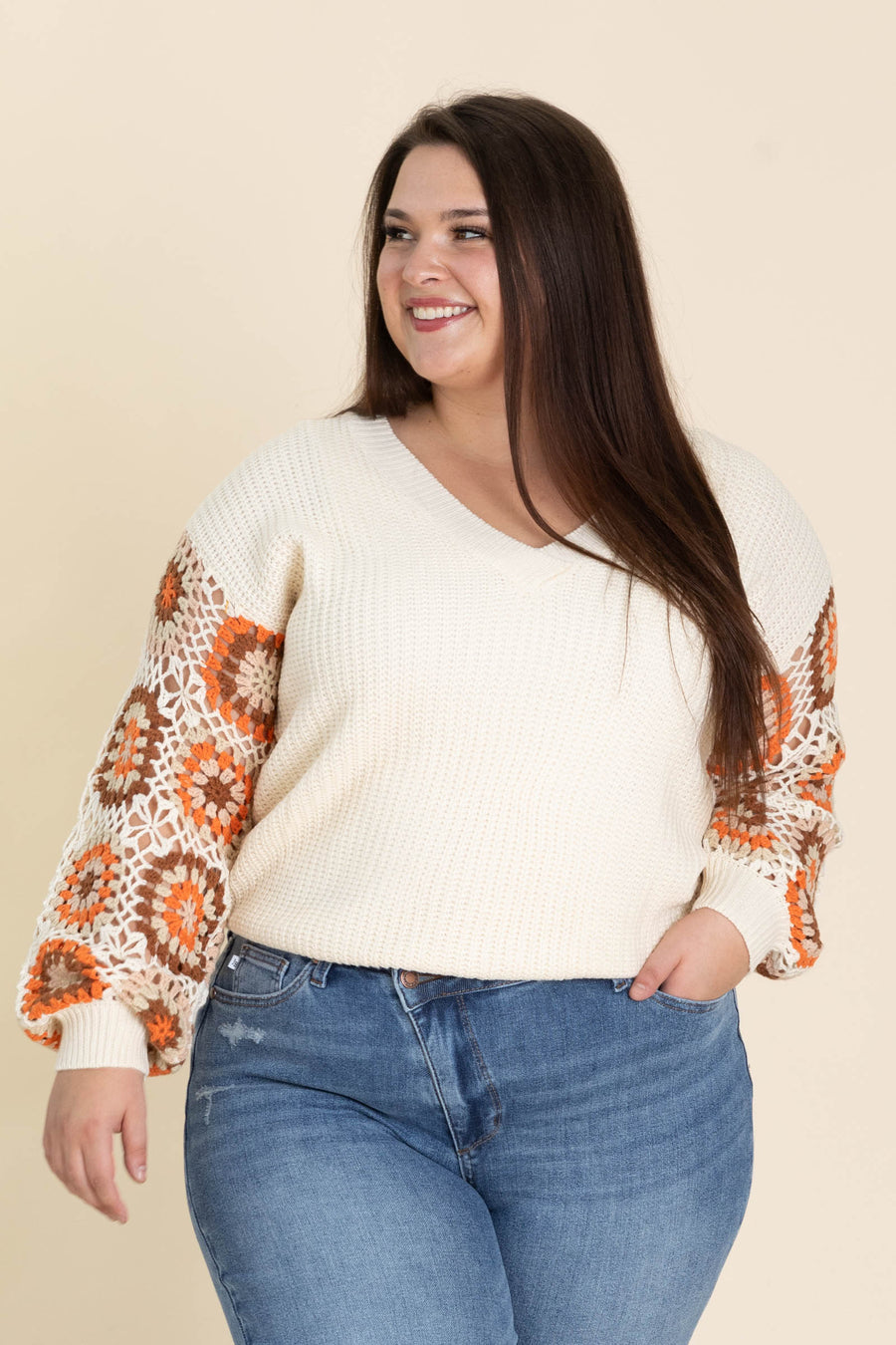 Oatmeal Granny Square Sleeve Crochet Sweater