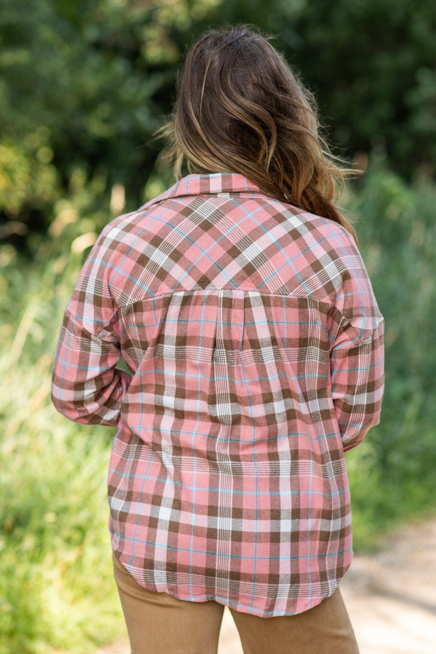 Salmon and Brown Plaid Button Up Top - Filly Flair