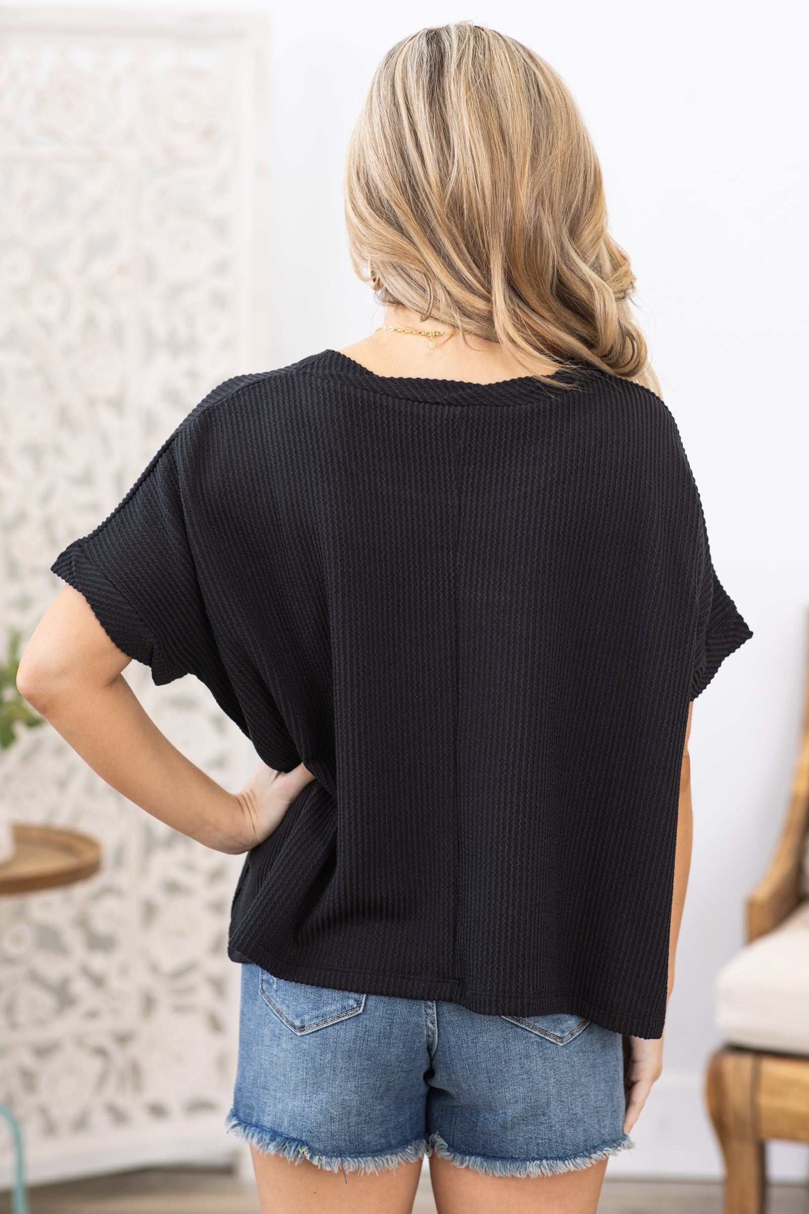 Black Ribbed Twisted Trim Top