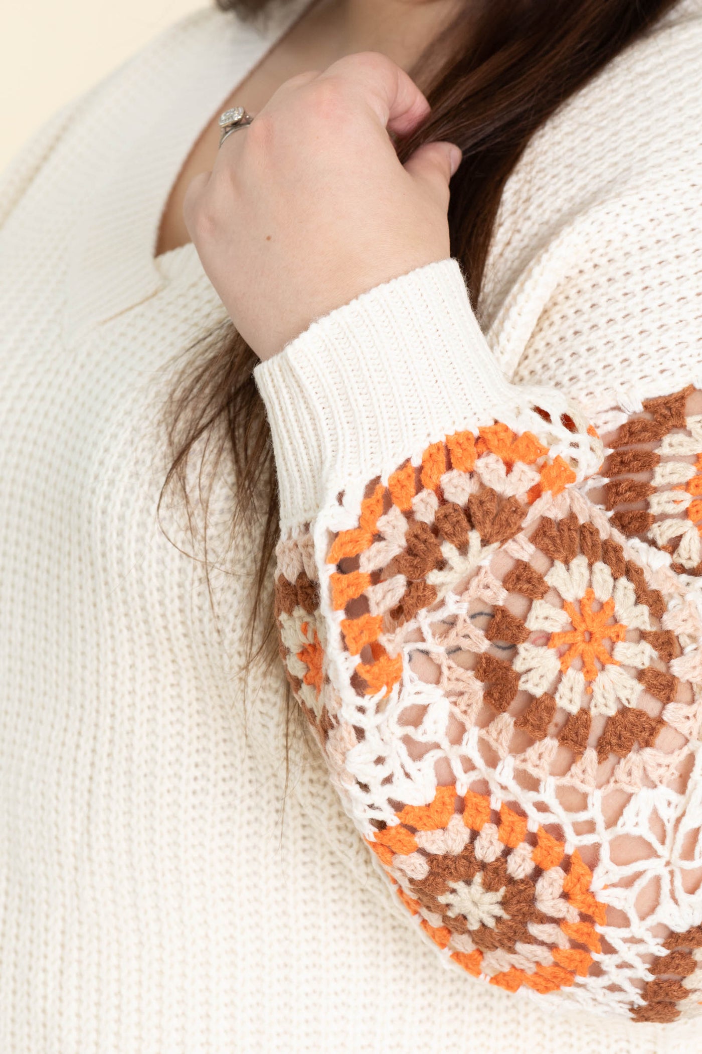 Oatmeal Granny Square Sleeve Crochet Sweater