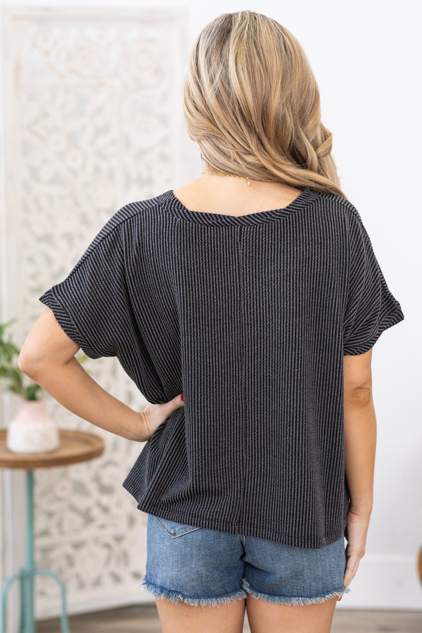 Charcoal Ribbed Twisted Trim Top