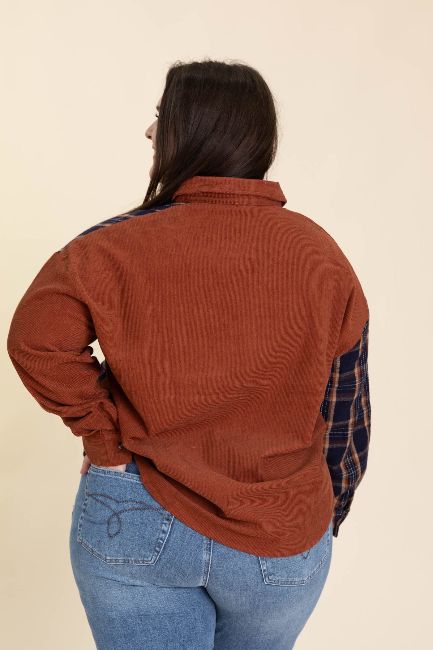 Rust And Navy Mixed Plaid Button Up Top