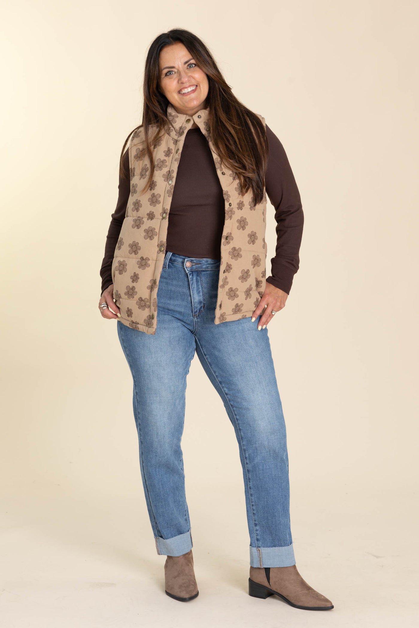 Mocha Floral Print Puffer Vest