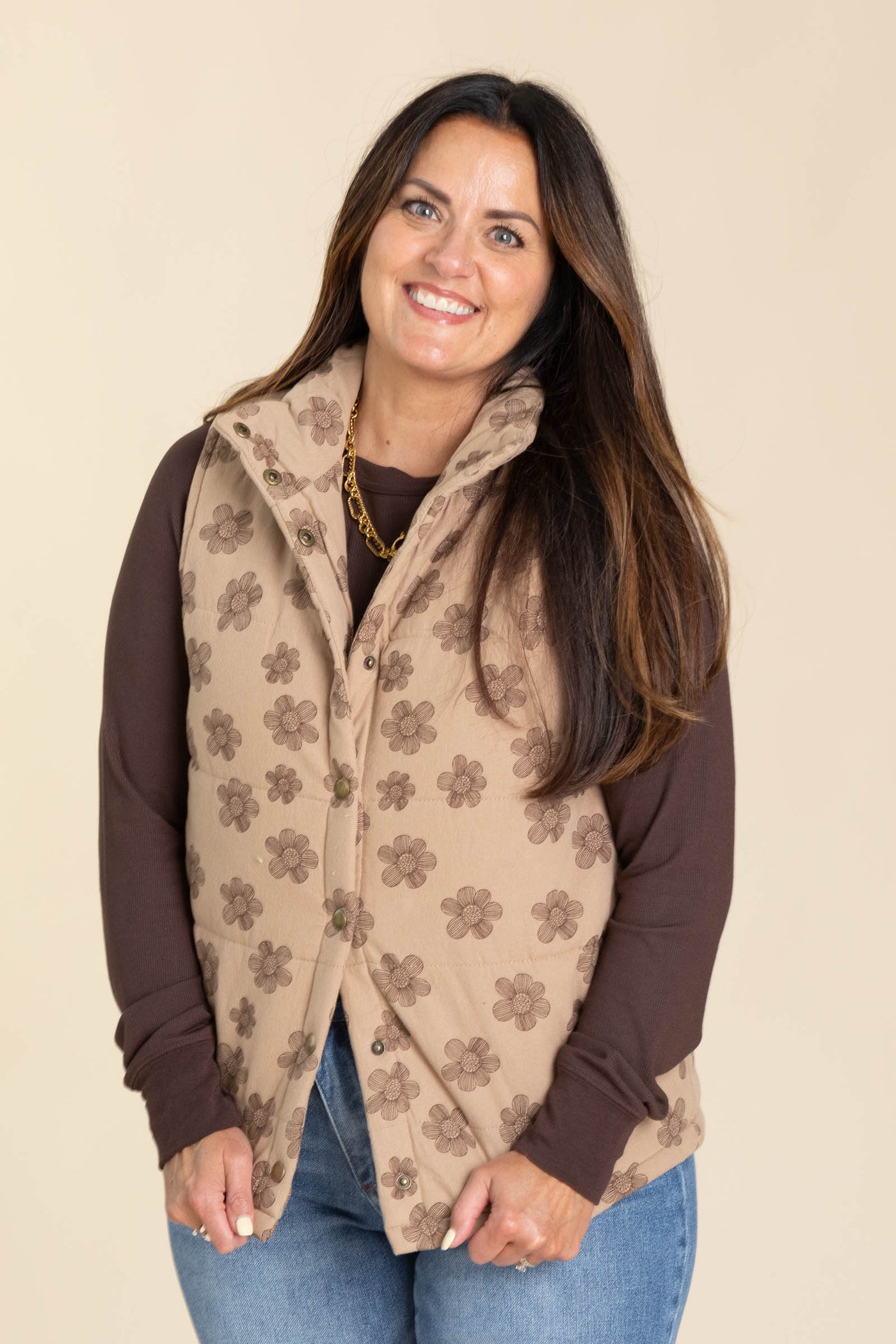 Mocha Floral Print Puffer Vest