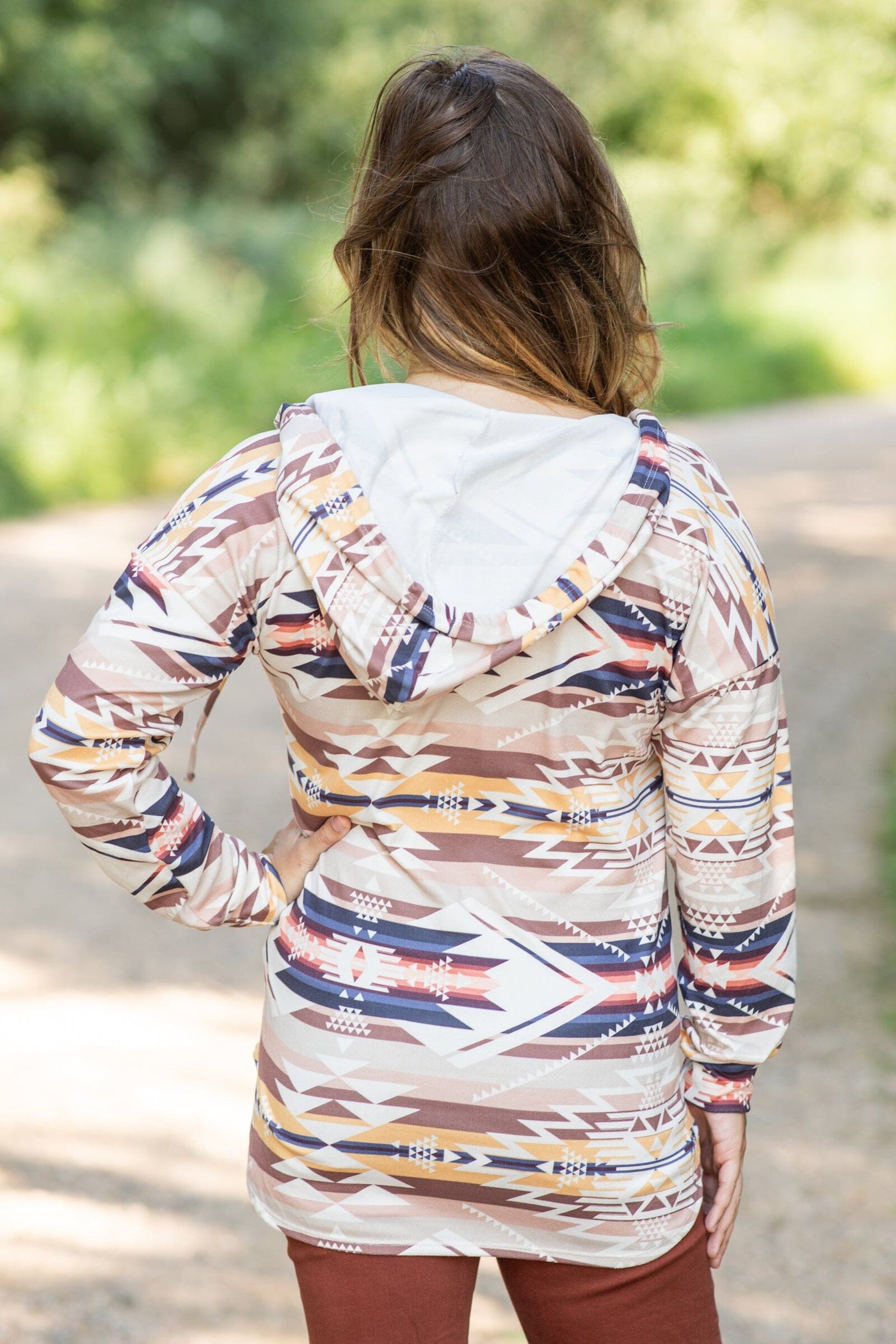 Tan Multicolor Aztec Print Hooded Top - Filly Flair