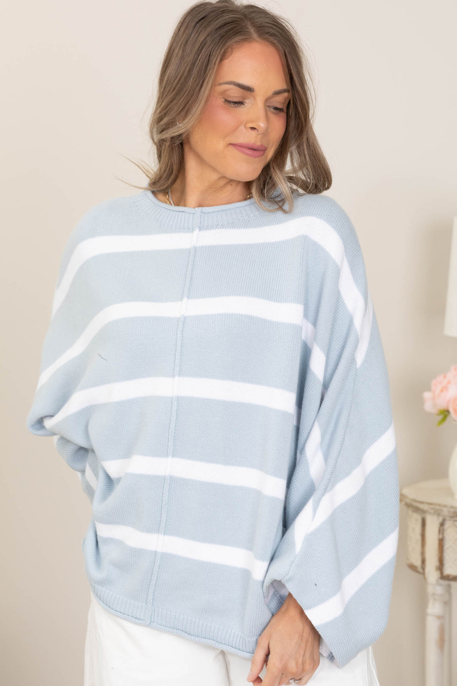 Pastel Blue And White Loose Fit Striped Knit Top