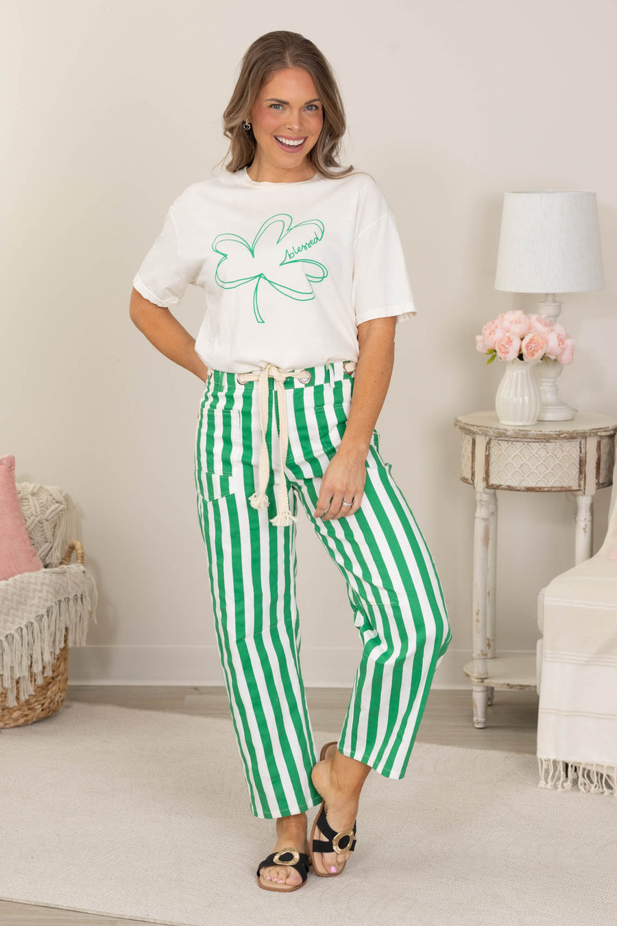 Green Cotton Striped Pocket Rope String Pants