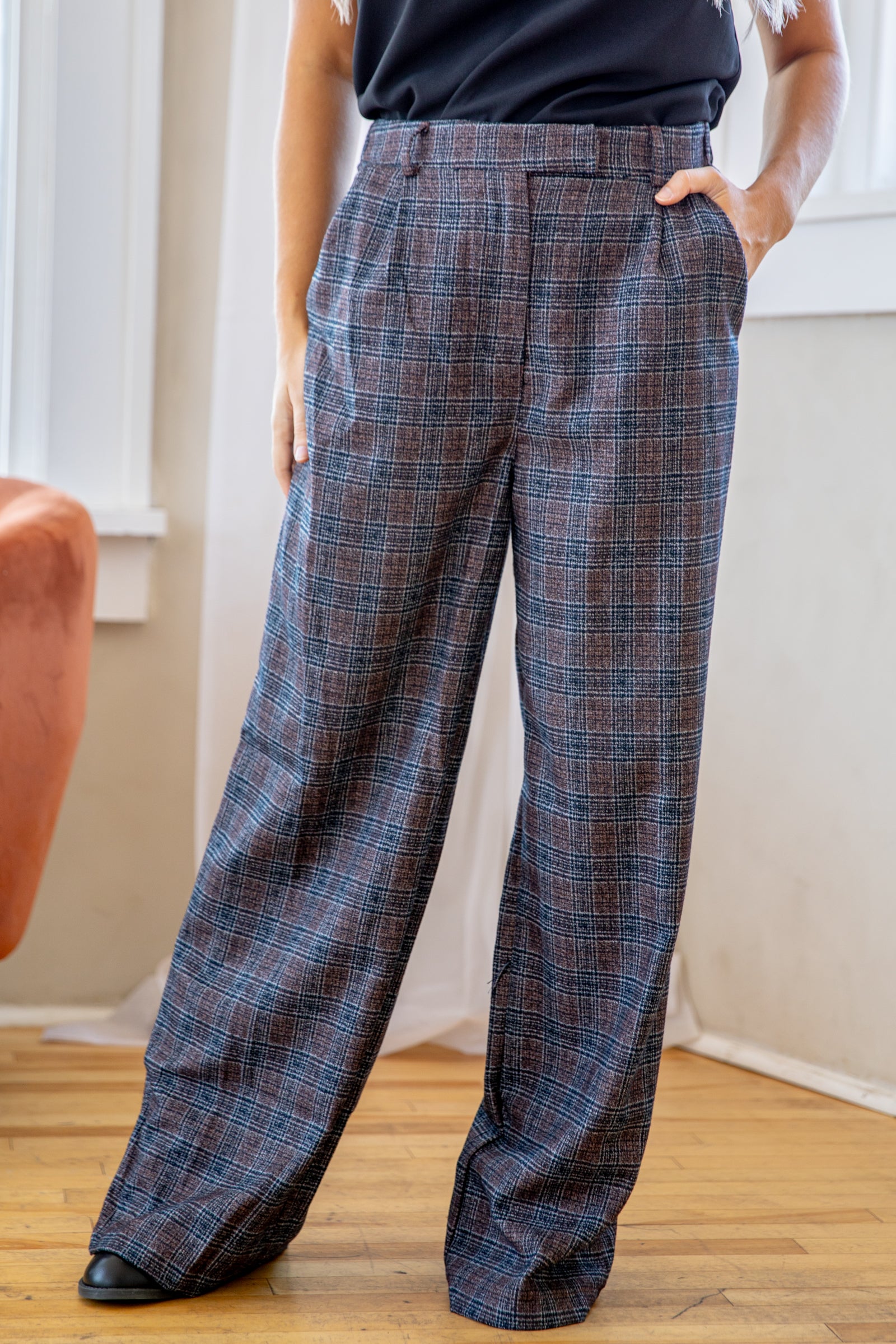 Brown and Navy Plaid Wide Leg Trousers