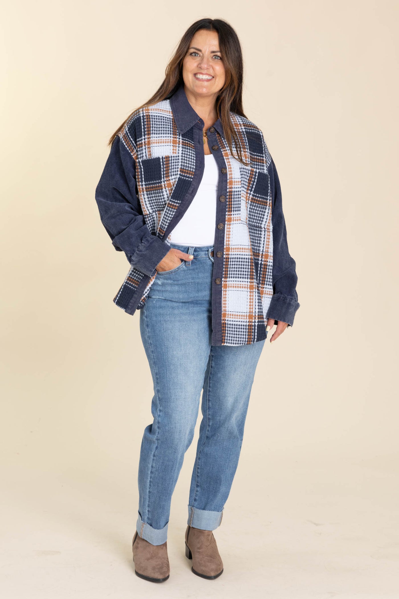 Navy And Cognac Plaid Waffle Knit Shacket