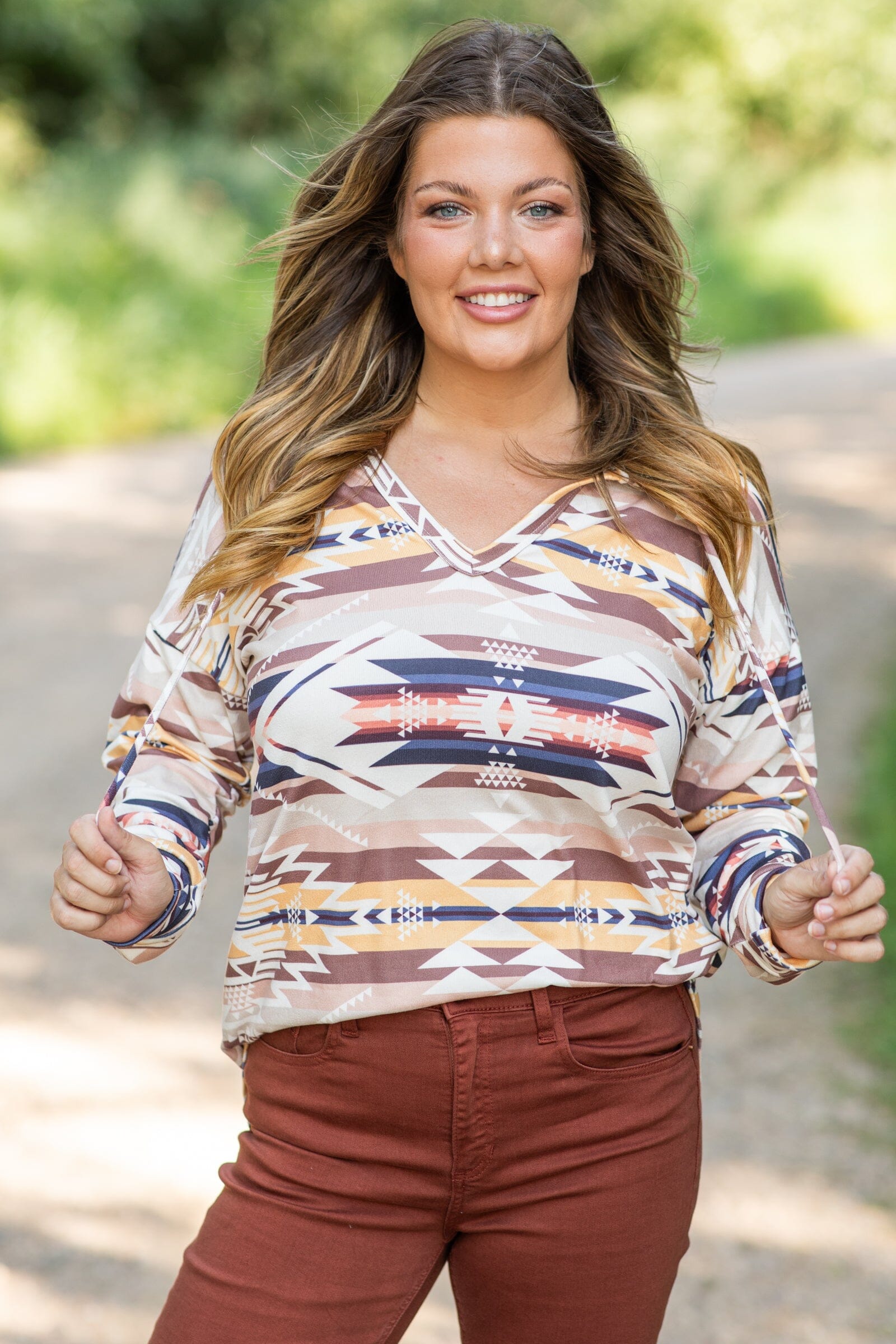 Tan Multicolor Aztec Print Hooded Top - Filly Flair