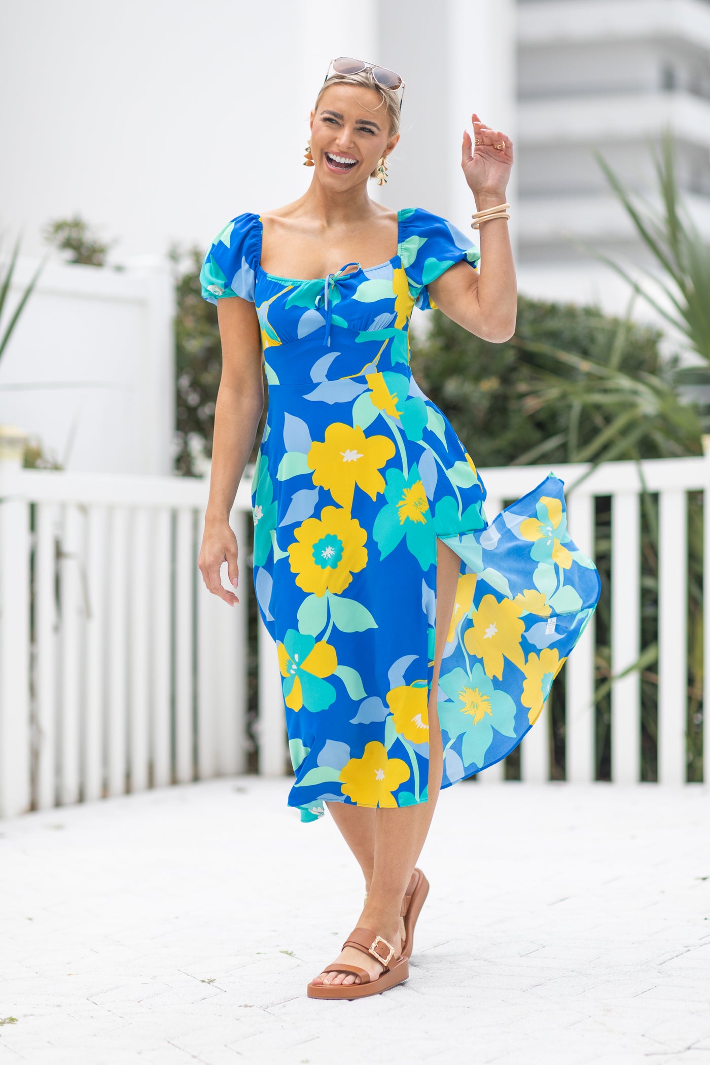 Blue Square Neck Floral Midi Dress With Slit Filly Flair Blue Square Neck Floral Midi Dress With Slit Filly Flair