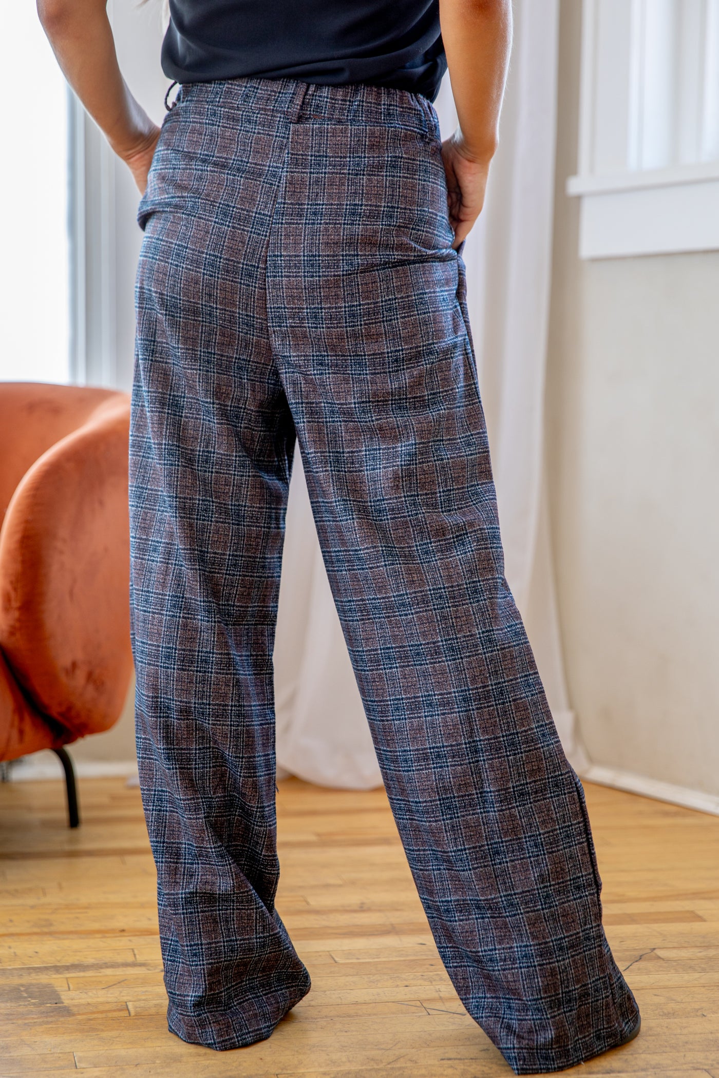 Brown and Navy Plaid Wide Leg Trousers