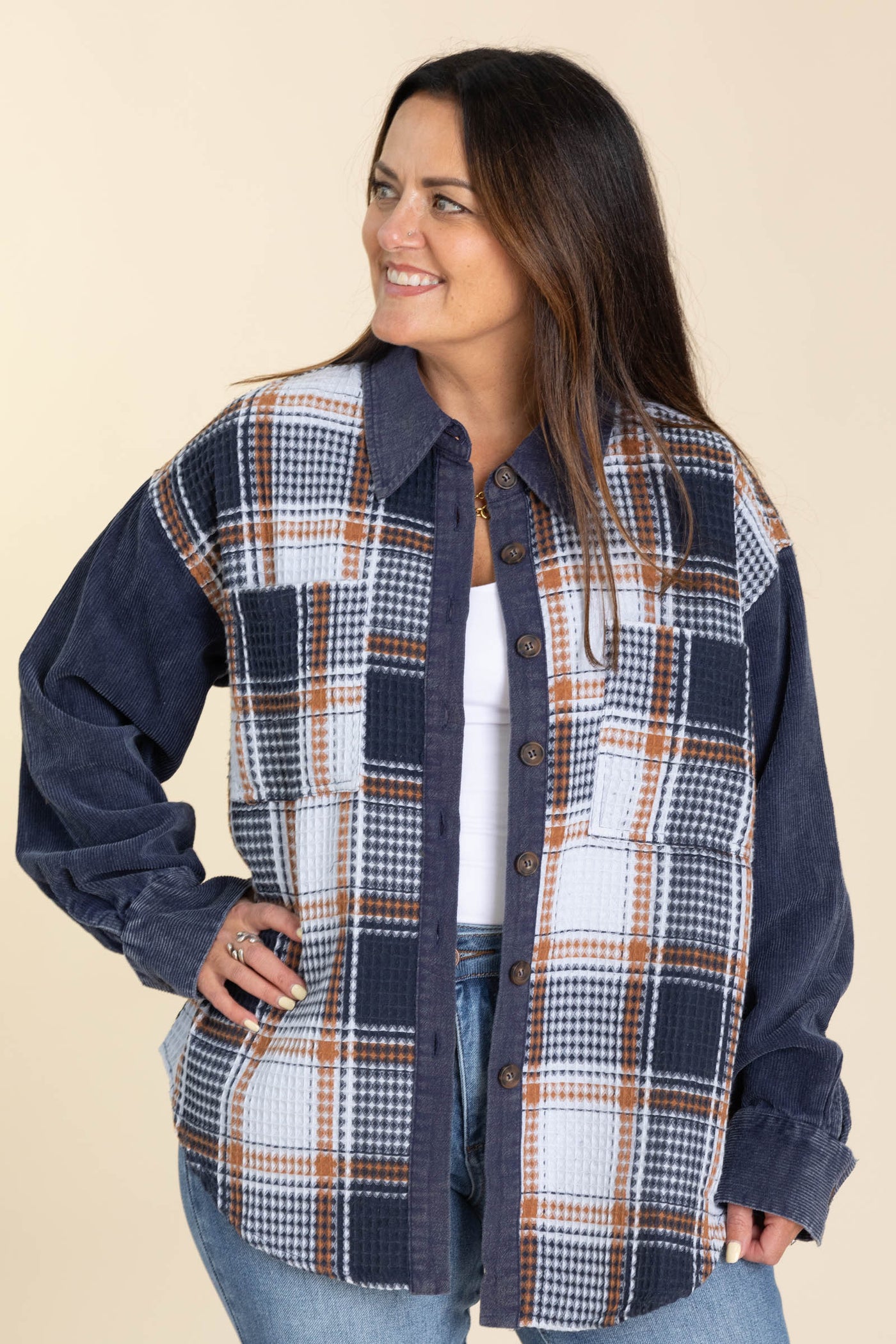 Navy And Cognac Plaid Waffle Knit Shacket