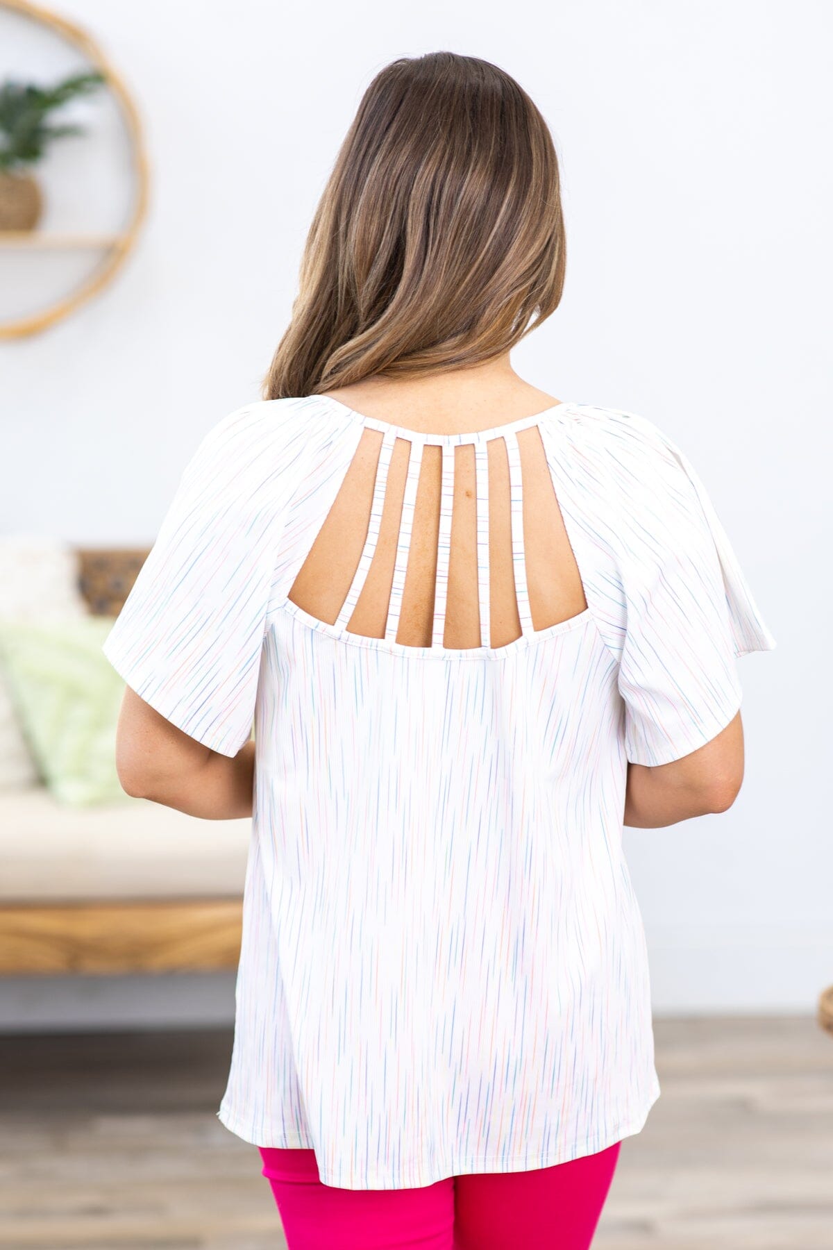 White Multicolor Top With Back Cutout Detail - Filly Flair