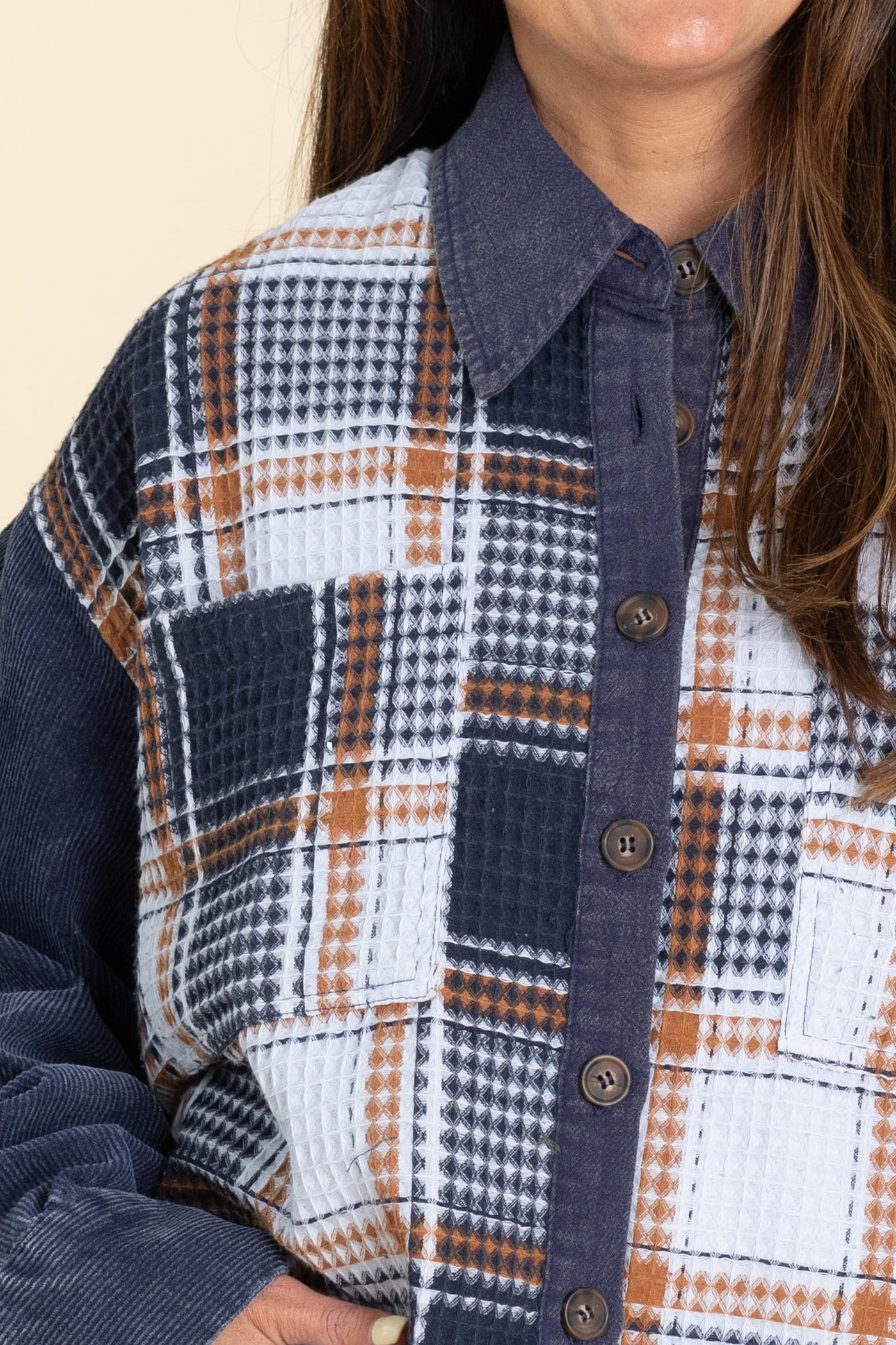 Navy And Cognac Plaid Waffle Knit Shacket