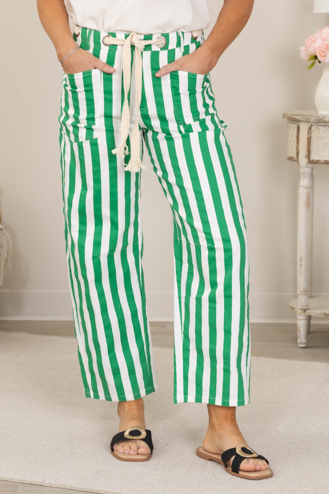 Green Cotton Striped Pocket Rope String Pants