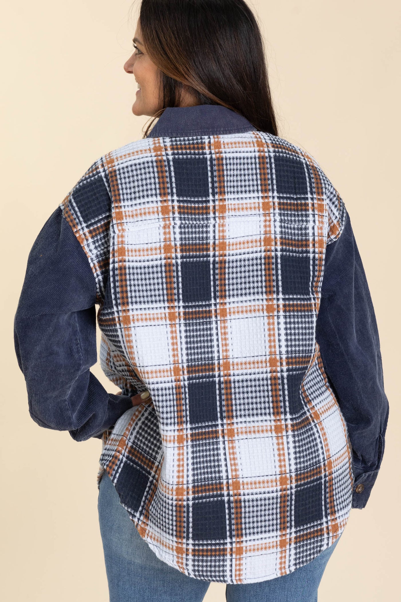 Navy And Cognac Plaid Waffle Knit Shacket