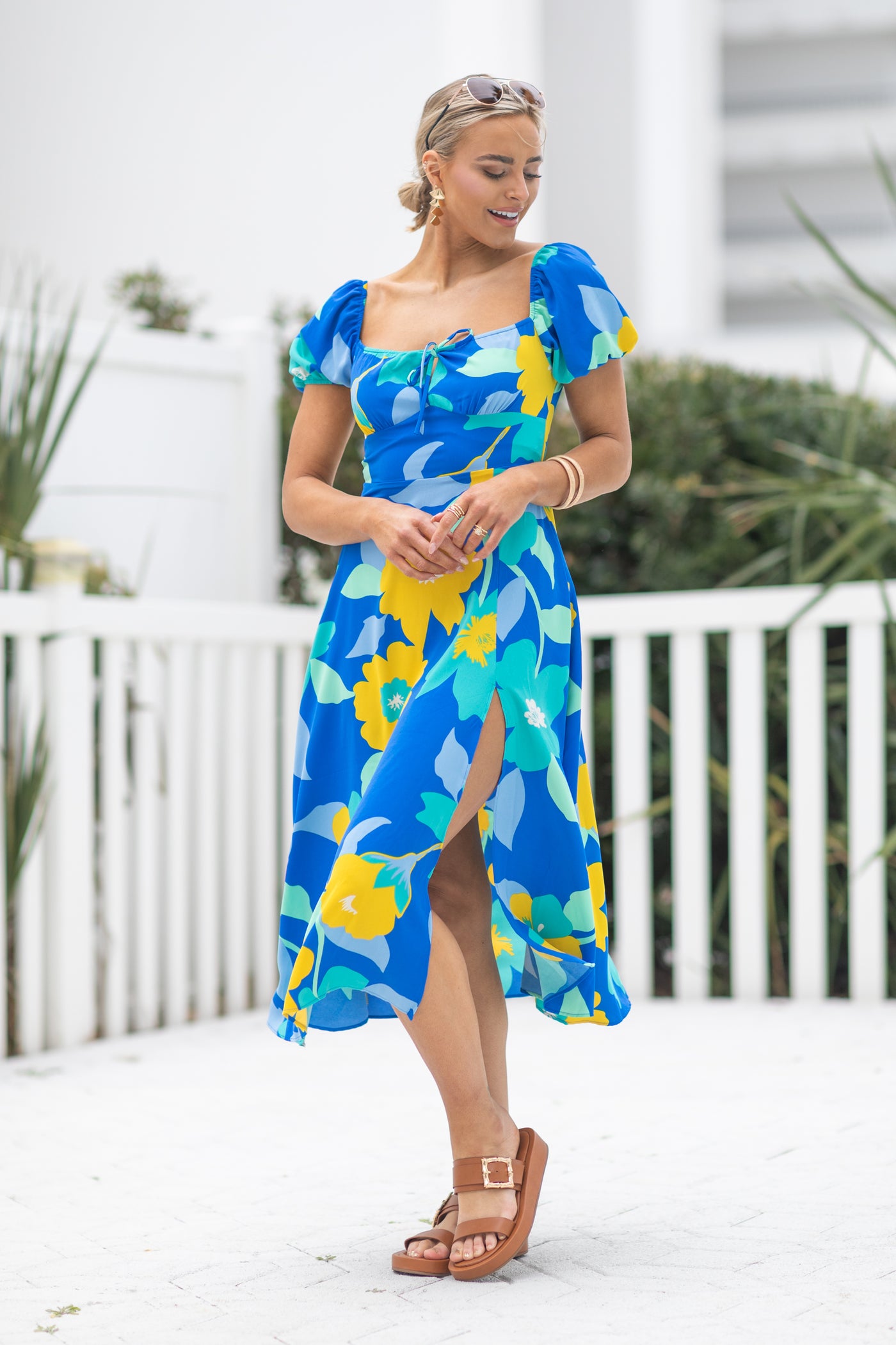 Blue Square Neck Floral Midi Dress With Slit - S Blue Square Neck Floral Midi Dress With Slit - S