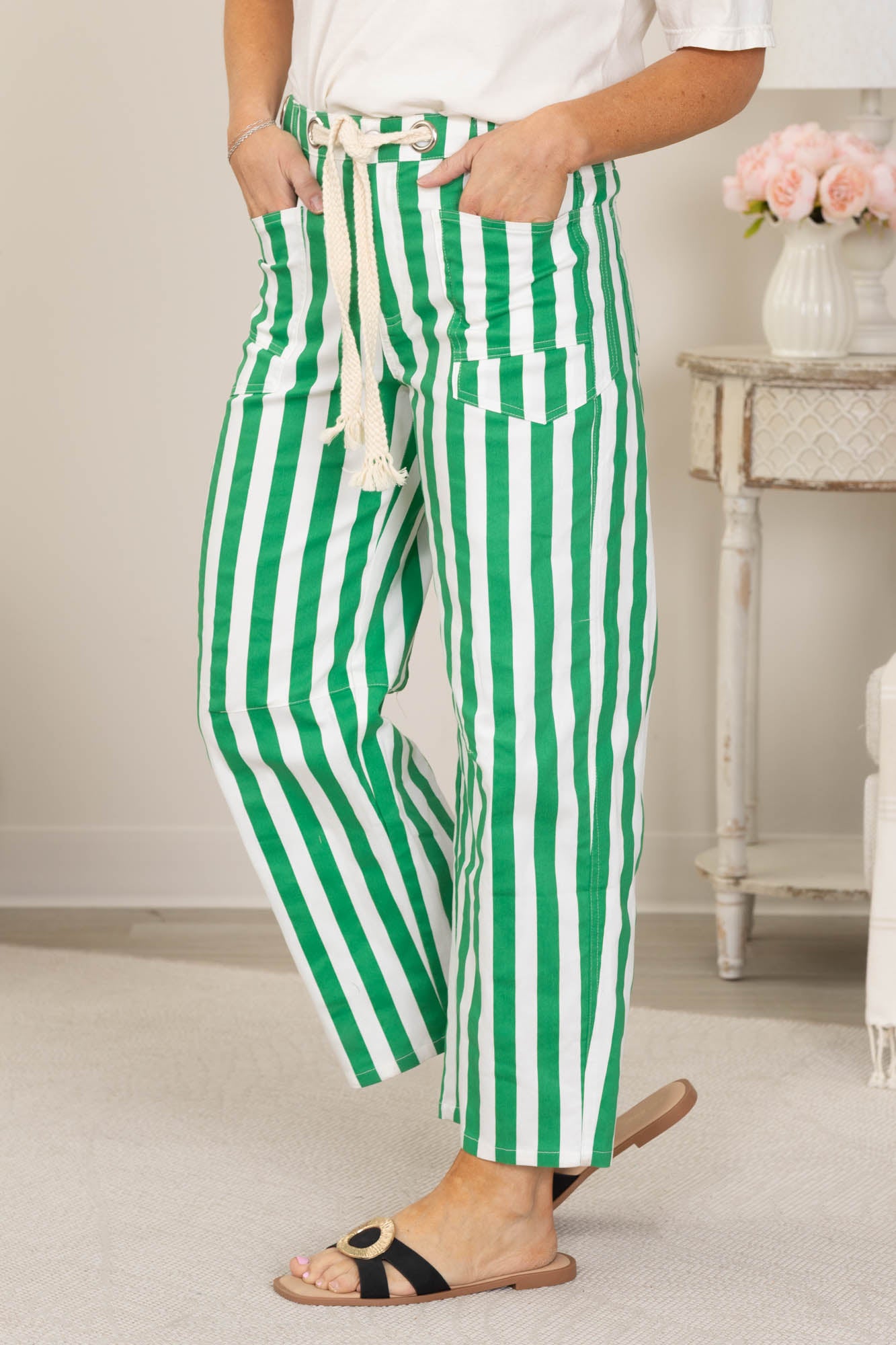 Green Cotton Striped Pocket Rope String Pants