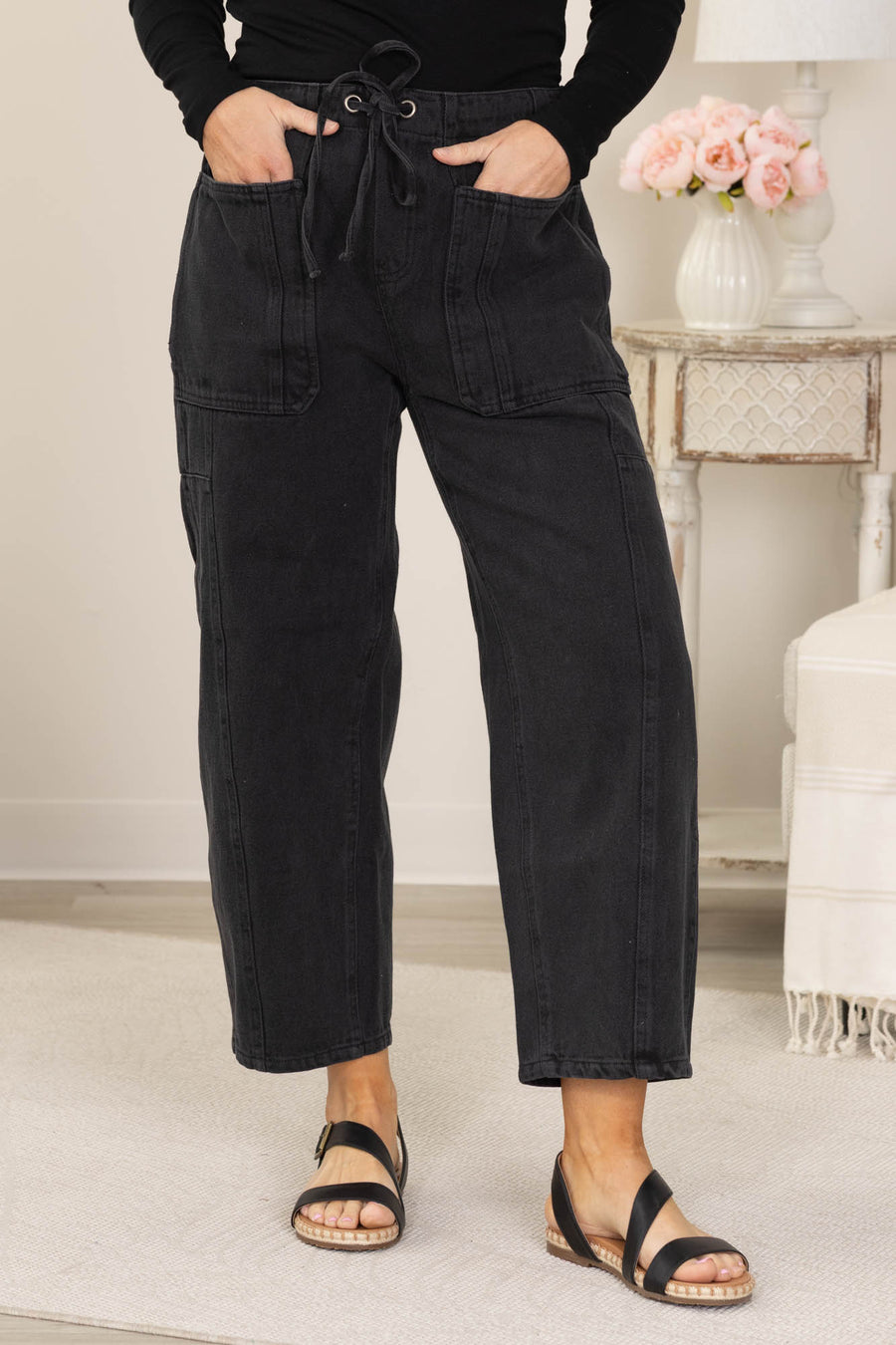 Black Vintage Wash Relaxed Fit String Pants