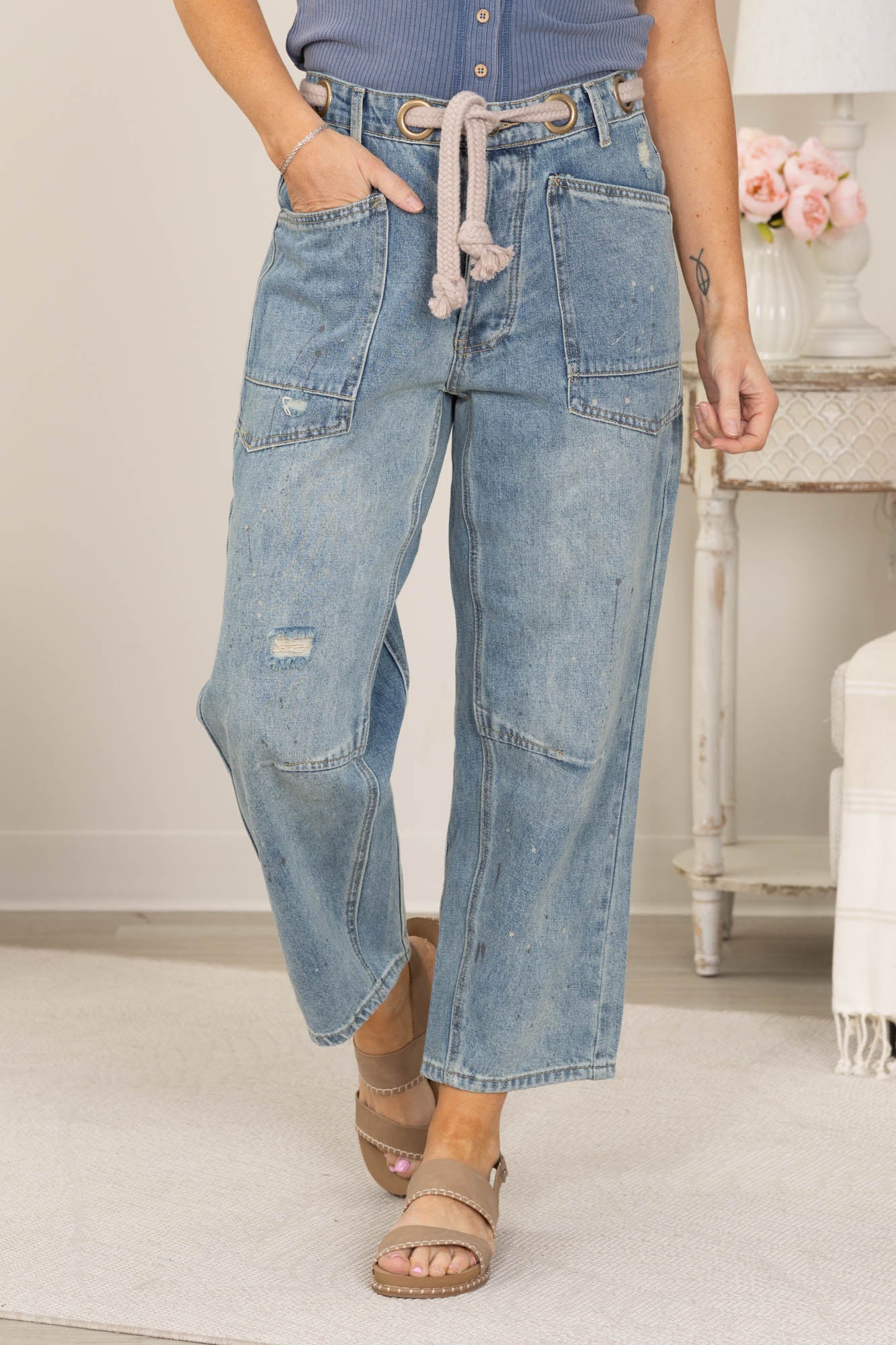 Denim Braided Waist Belt Paint Drip Pants