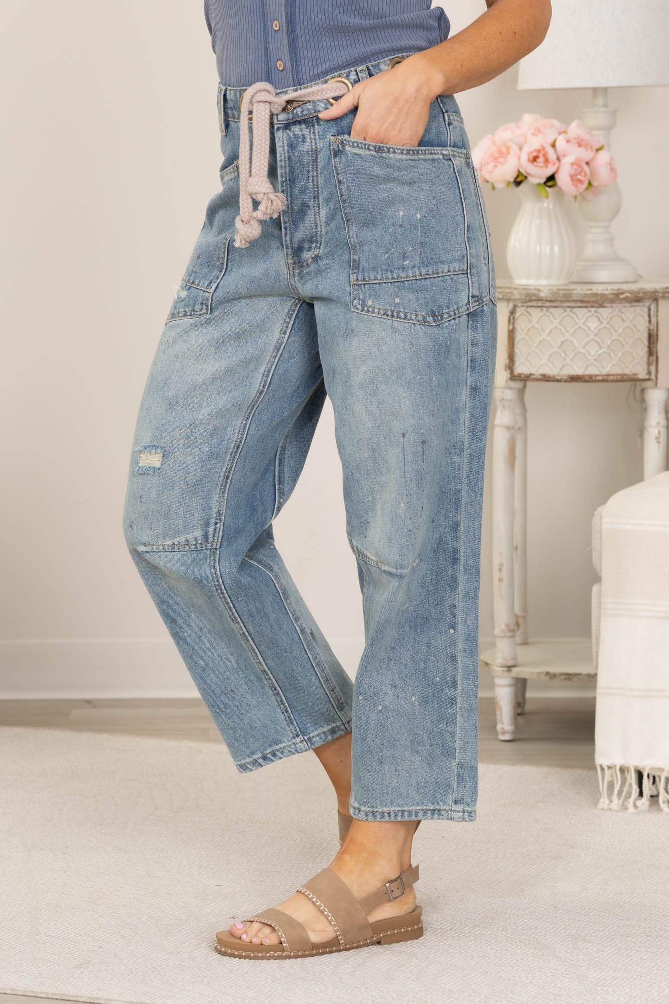 Denim Braided Waist Belt Paint Drip Pants