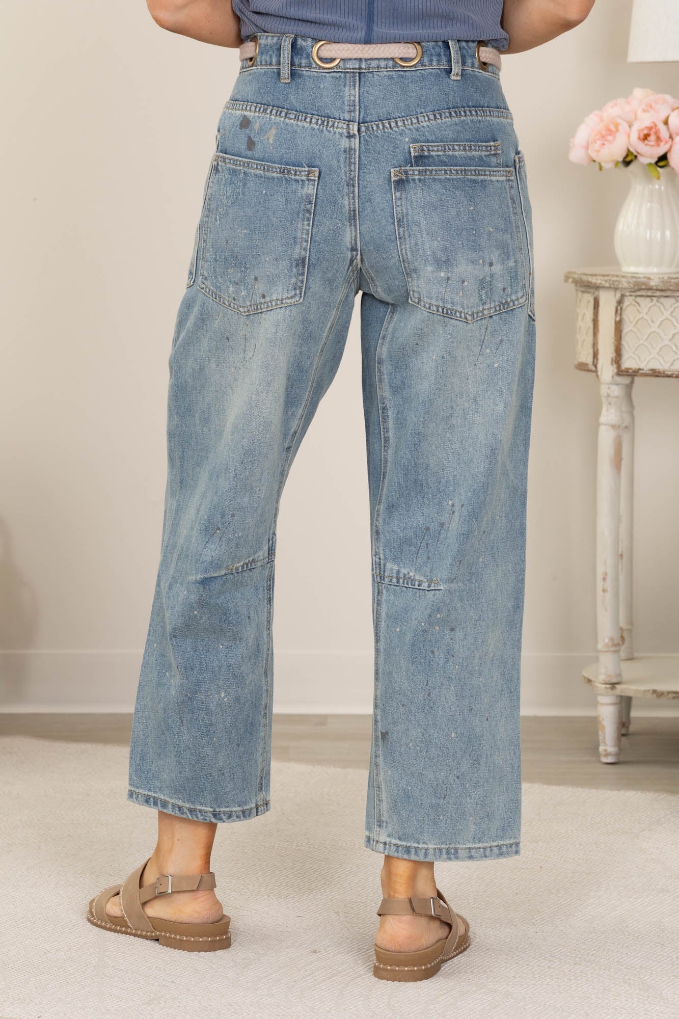 Denim Braided Waist Belt Paint Drip Pants