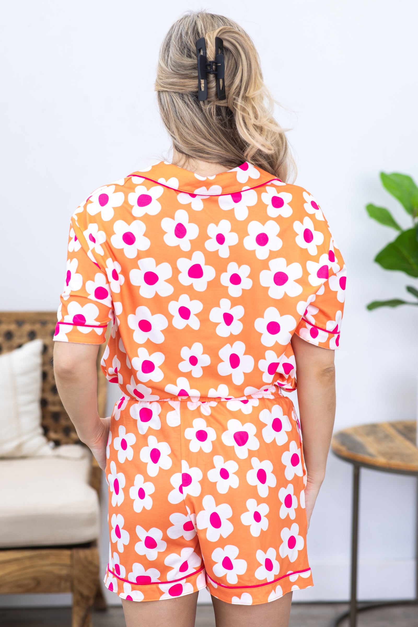 Orange Flower Print Shirt And Shorts PJ Set