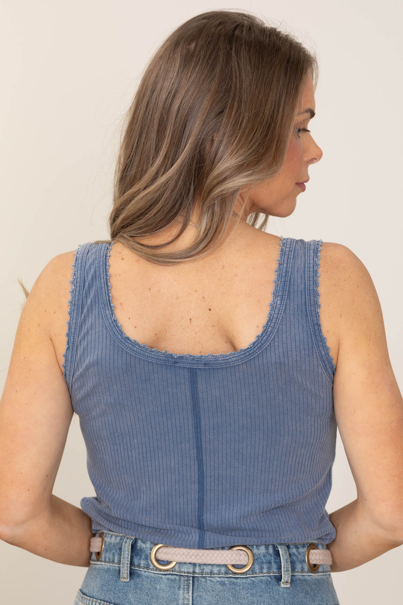 Lace Detail Mineral Washed Knit Tank Tops
