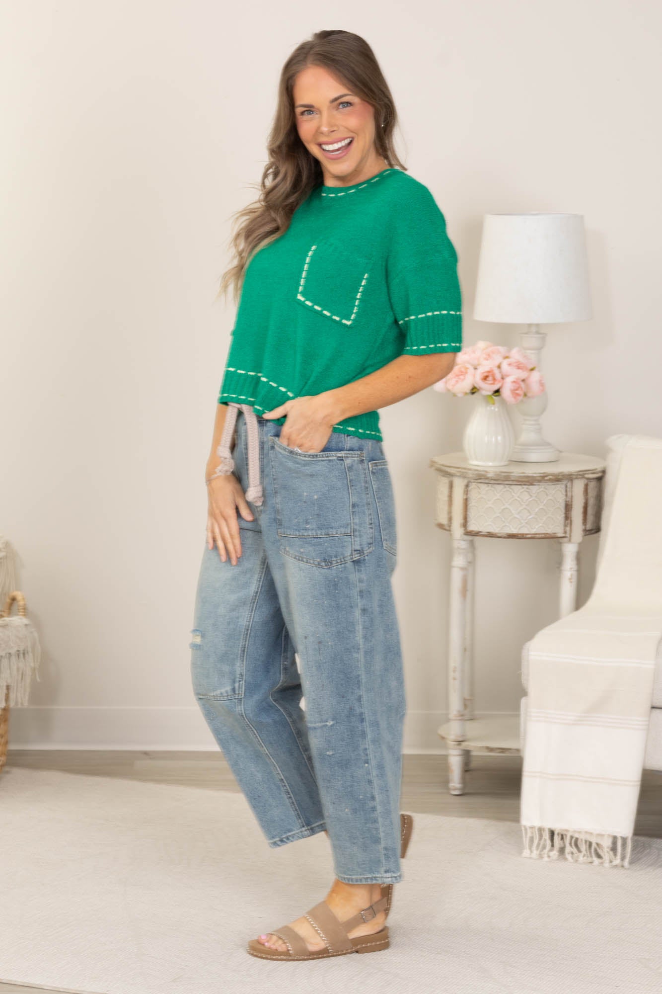 Green Stitch Detail Knit Sweater Top