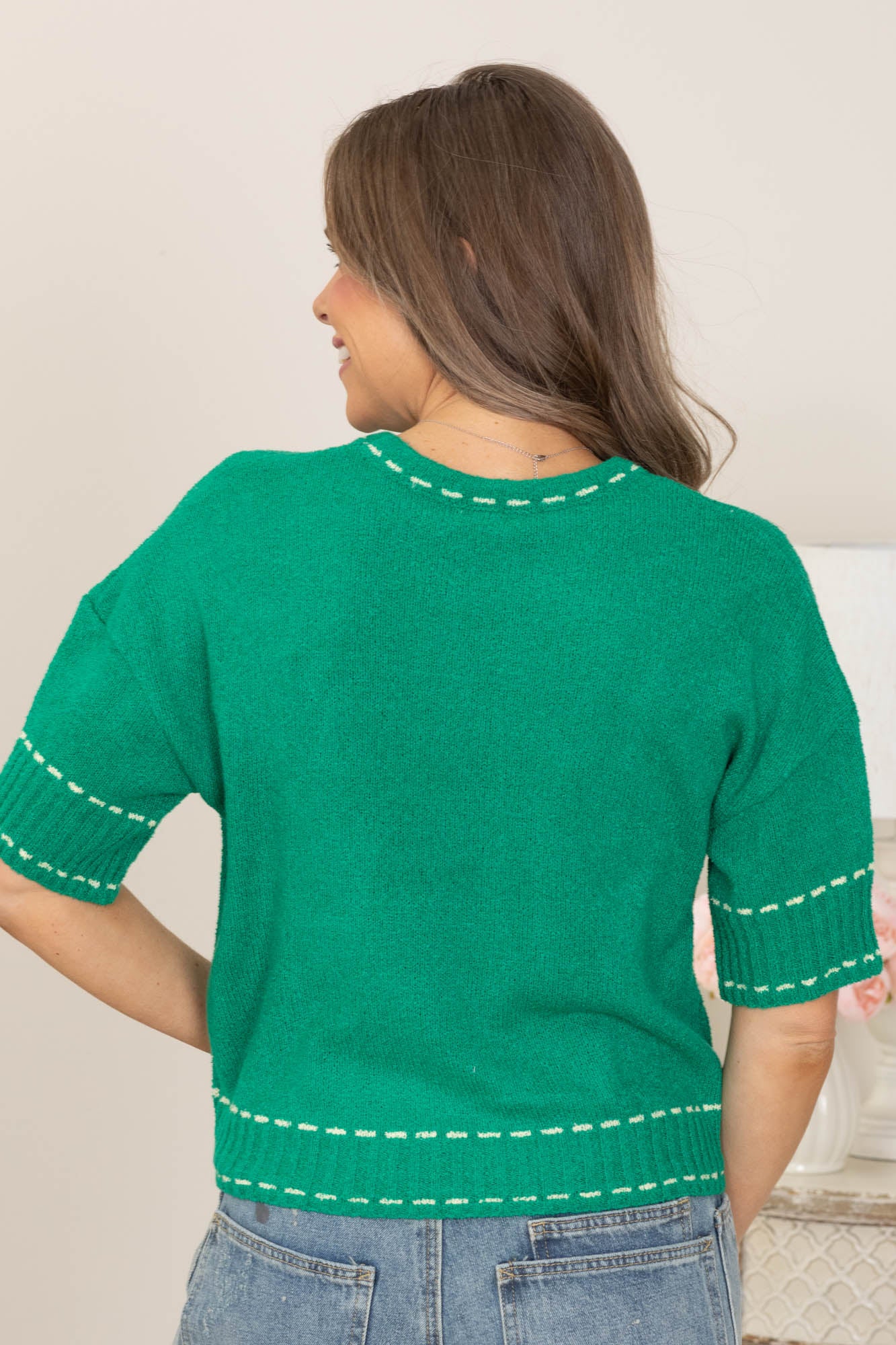 Green Stitch Detail Knit Sweater Top