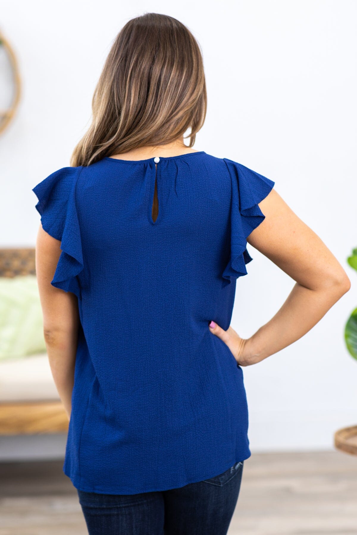 Navy Pleat Neck Flutter Sleeve Top - Filly Flair