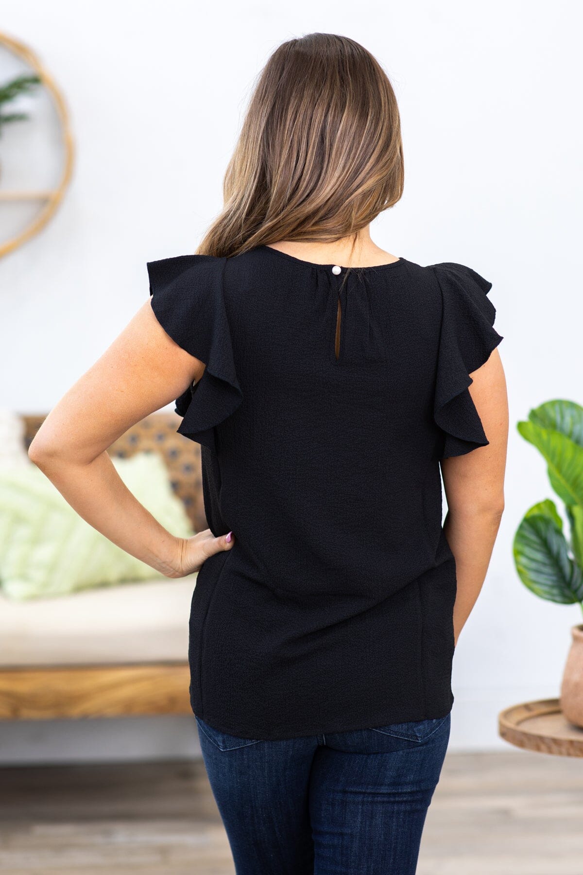 Black Pleat Neck Flutter Sleeve Top - Filly Flair
