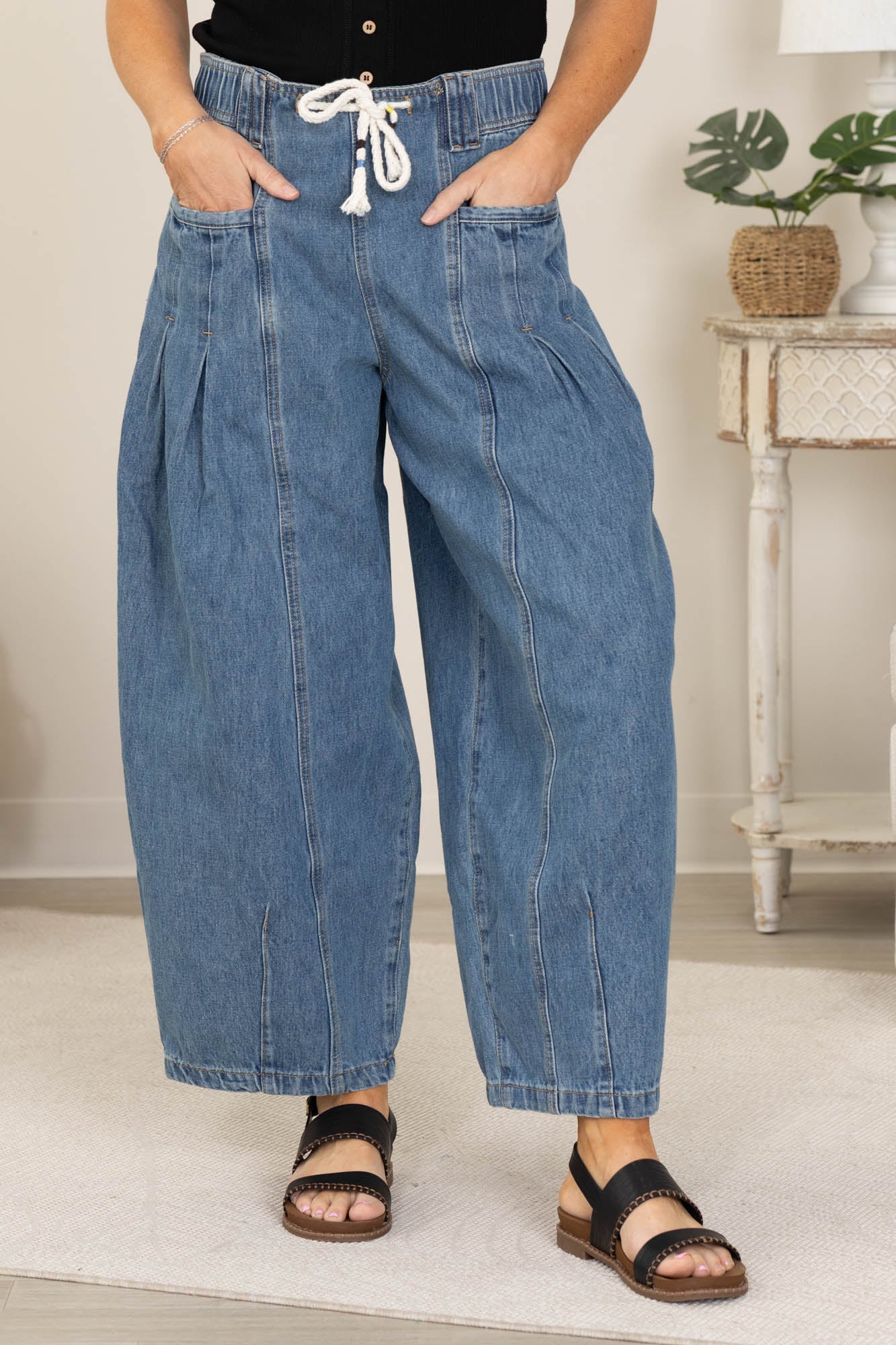Denim Barrel Pull On Drawstring Jeans