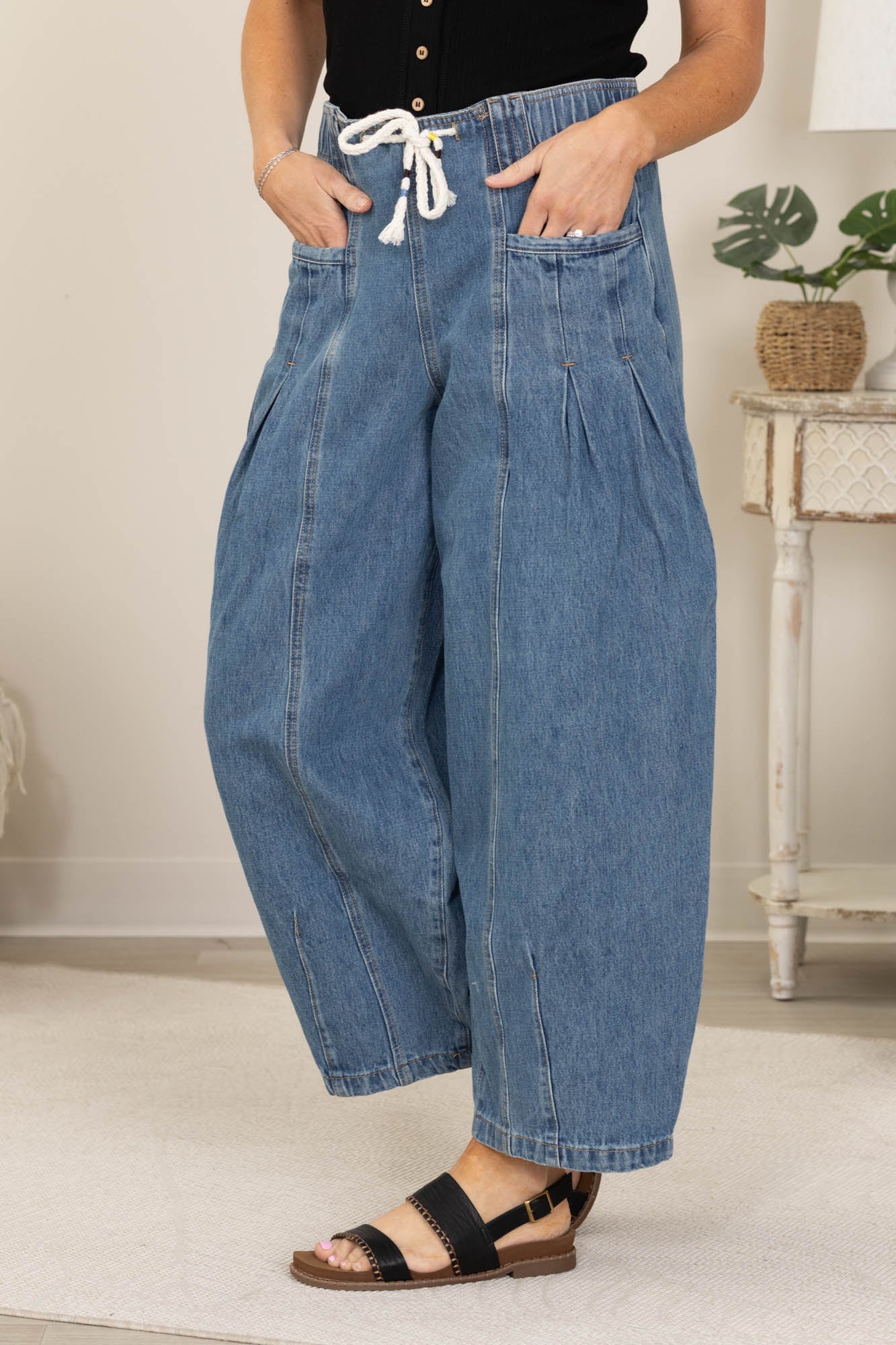 Denim Barrel Pull On Drawstring Jeans