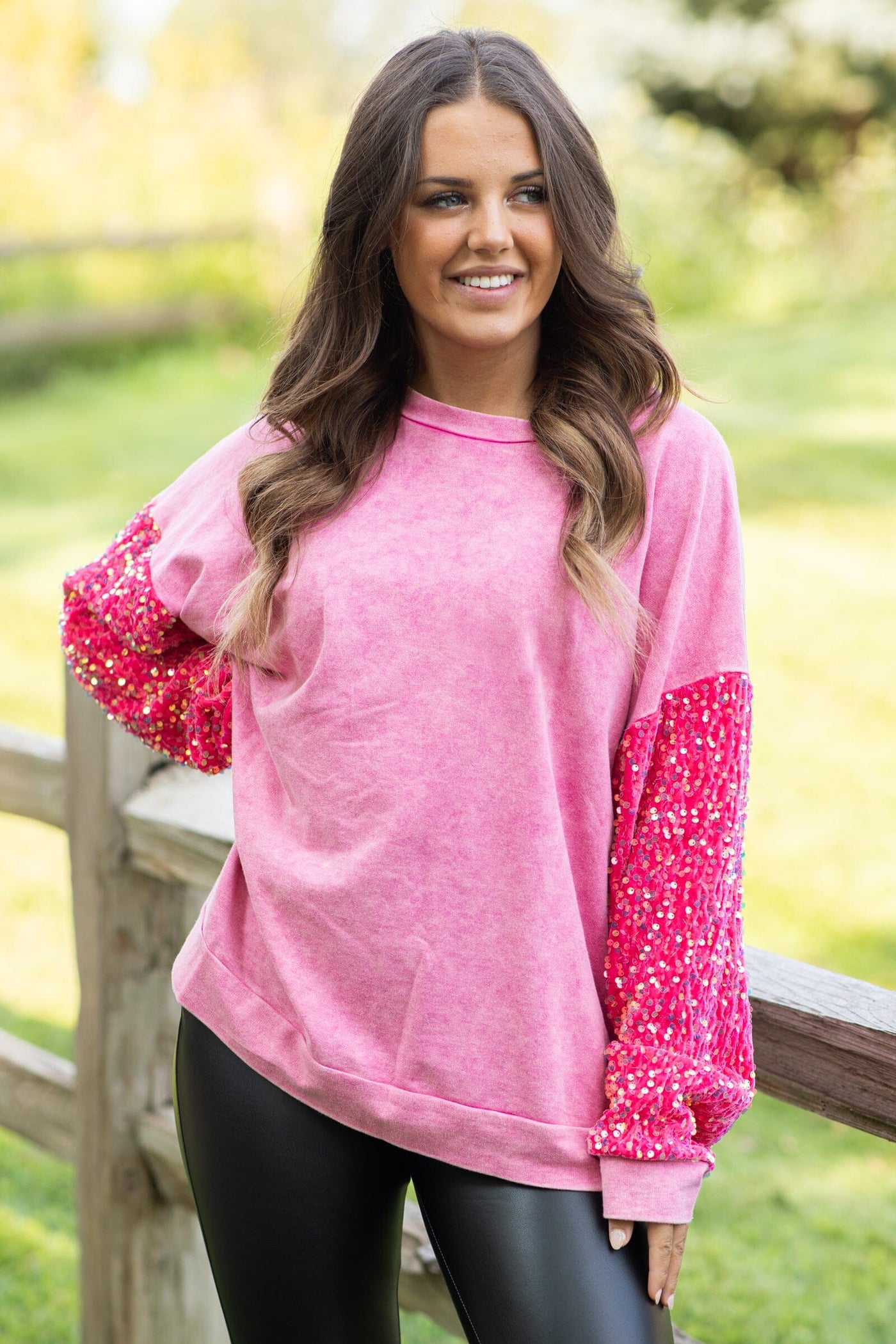 Hot Pink Washed Top With Velvet Sequin Sleeves - Filly Flair