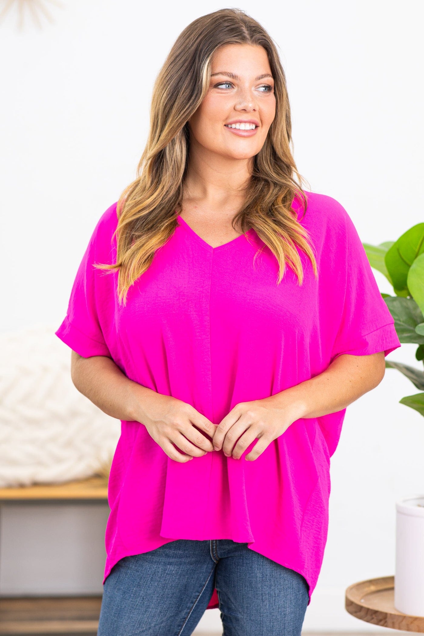 Hot Pink Airflow V-Neck Top - Filly Flair