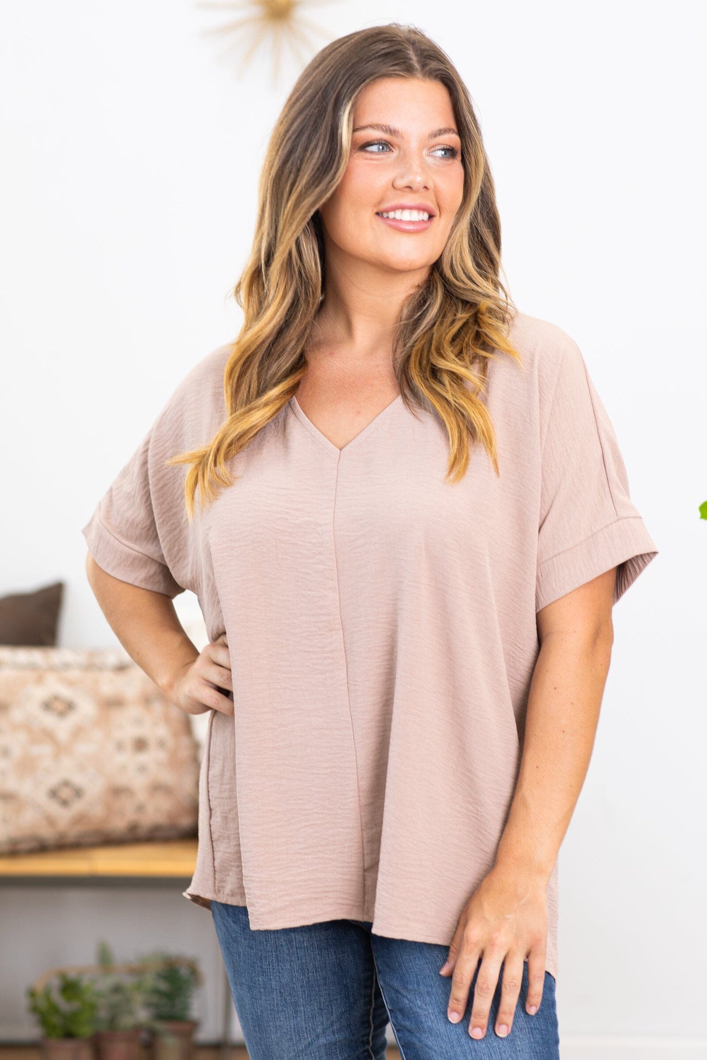 Taupe Airflow V-Neck Top - Filly Flair