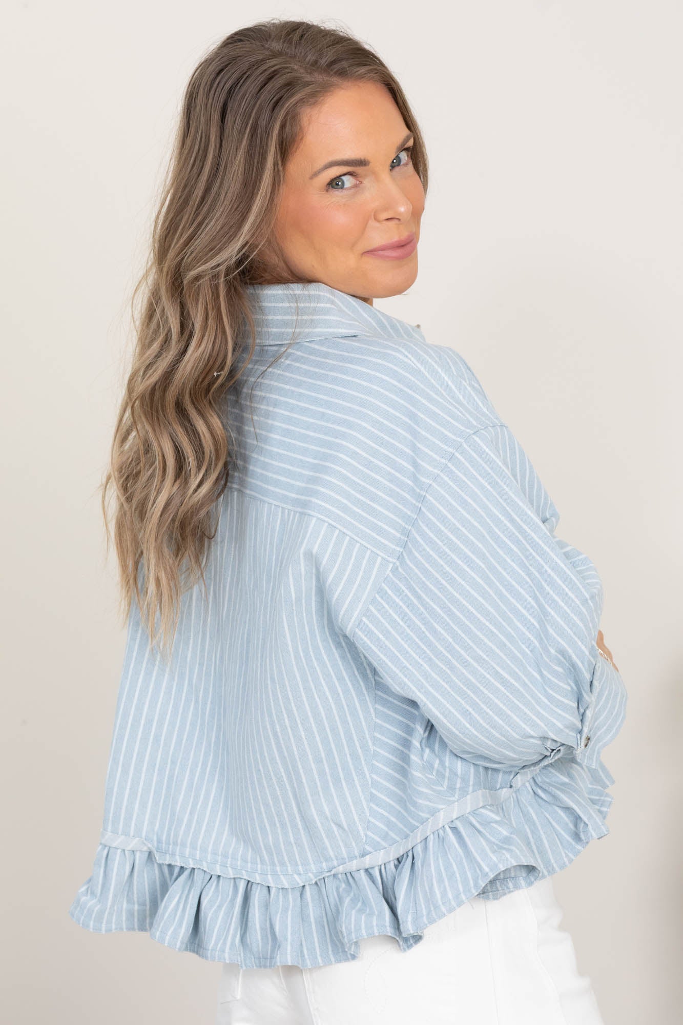 Light Denim Stripe Ruffled Hem Button Up Top