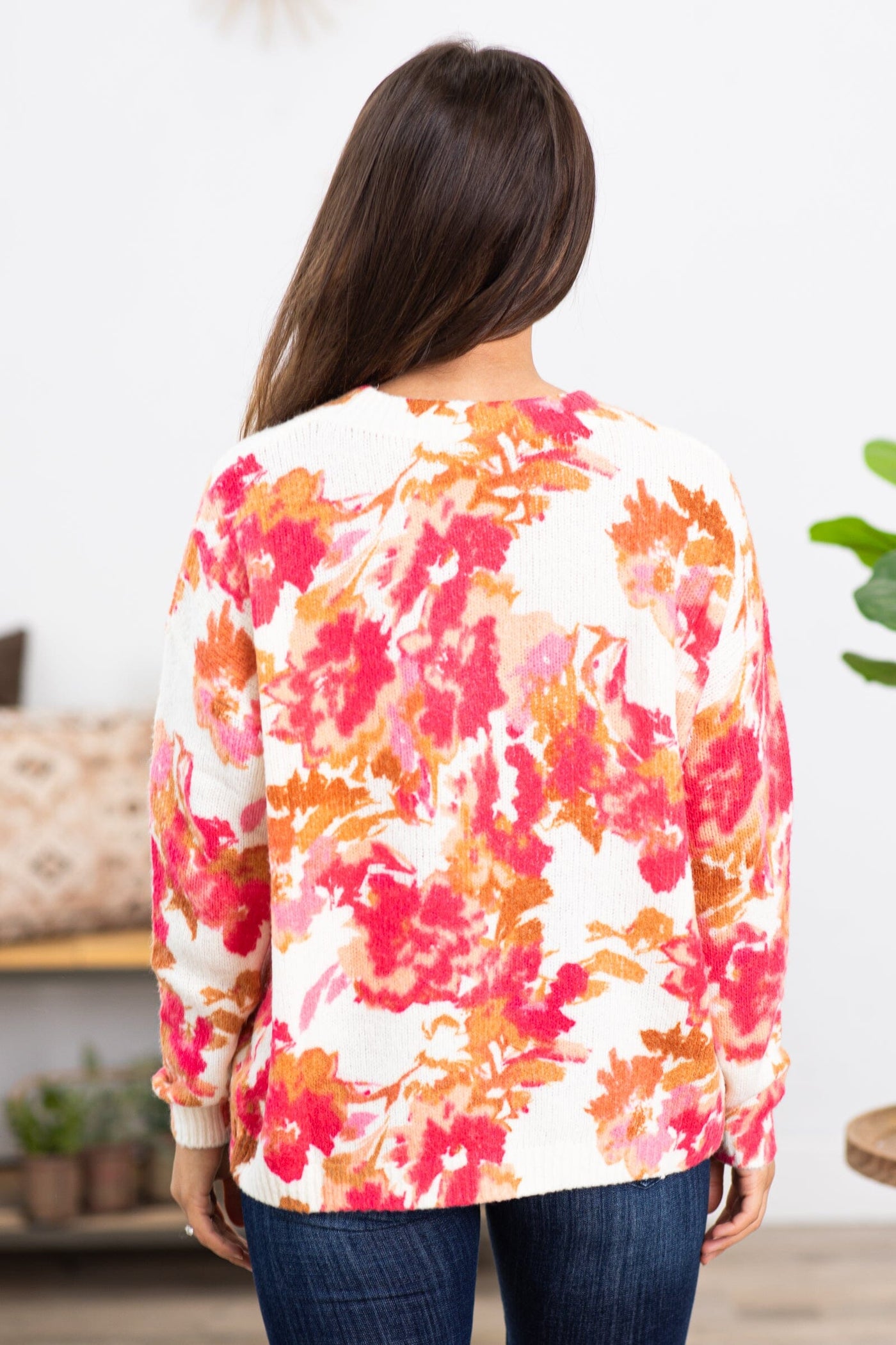 Ivory and Hot Pink Floral Print Sweater - Filly Flair