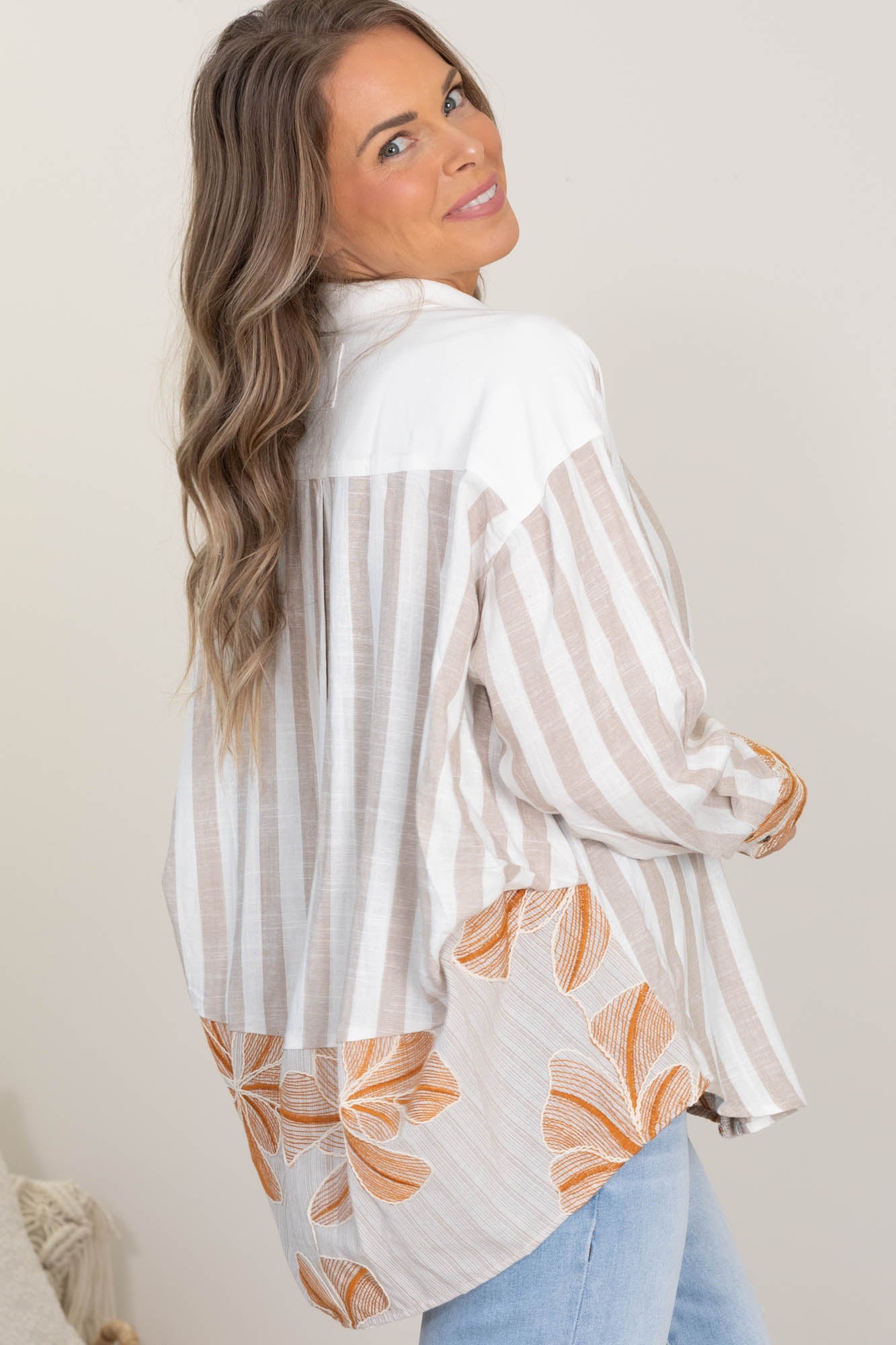 Beige Mixed Print Button Down Top