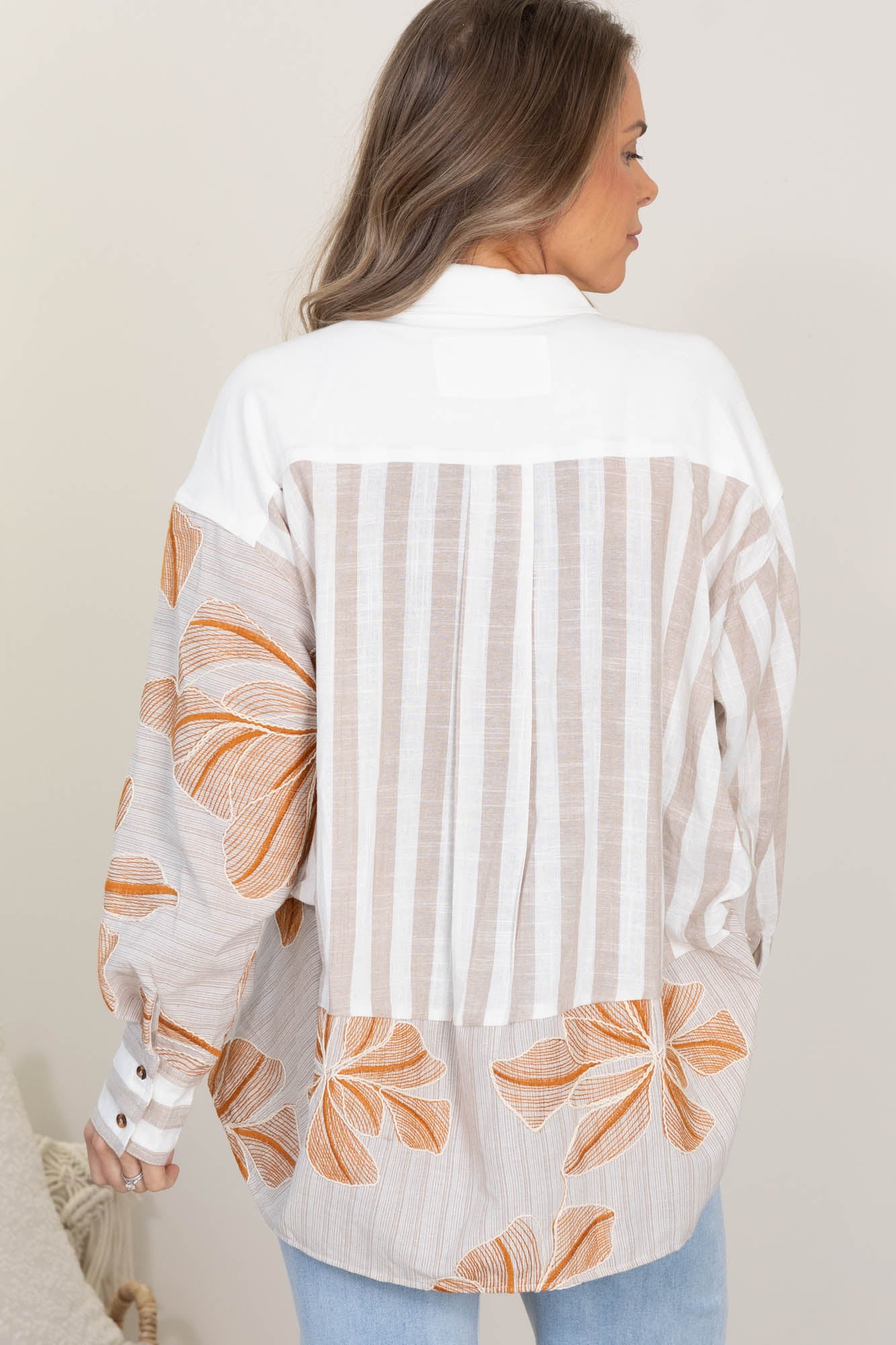 Beige Mixed Print Button Down Top