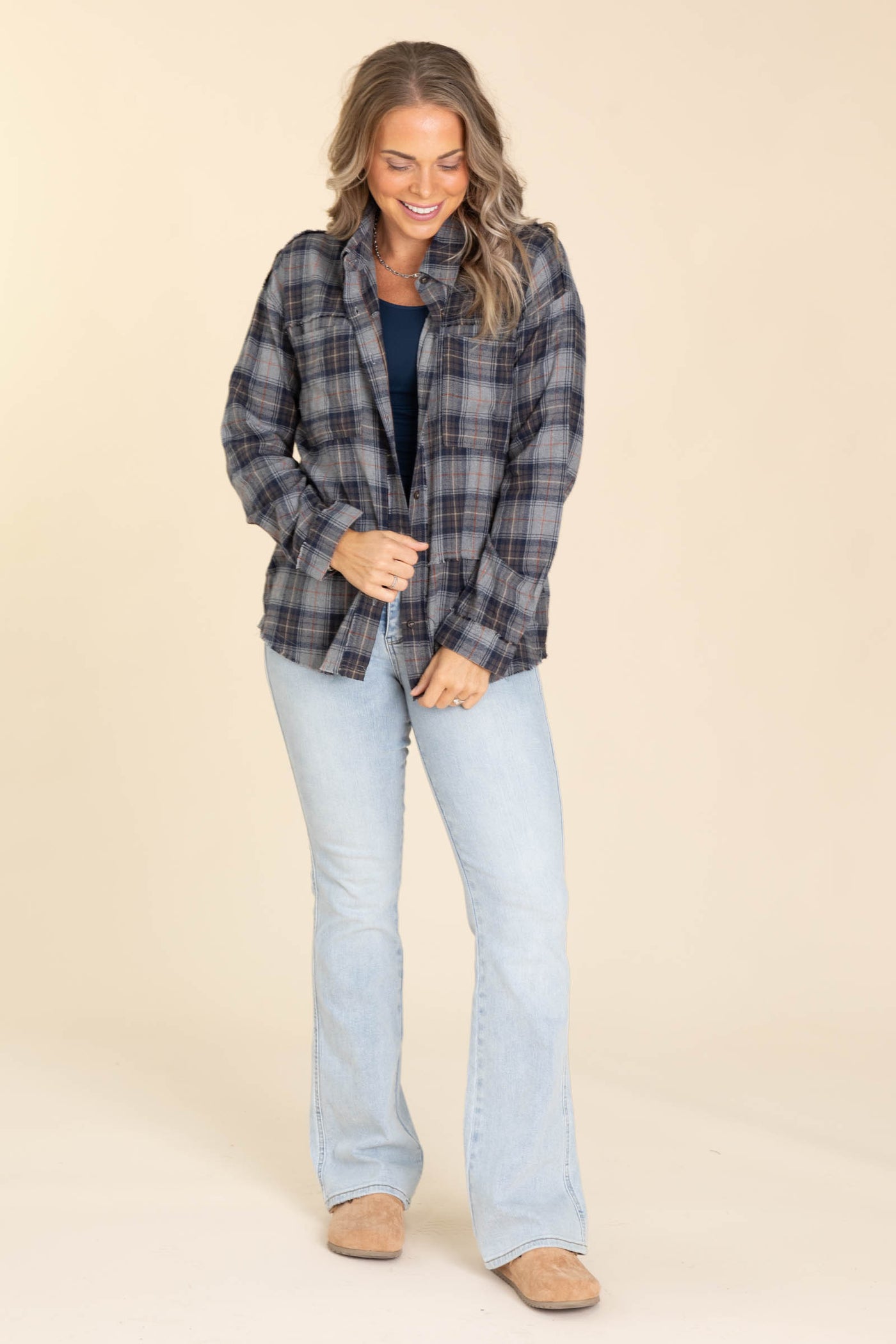 Navy And Grey Plaid Fray Hem Shacket