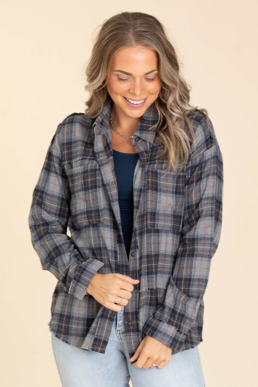 Navy And Grey Plaid Fray Hem Shacket