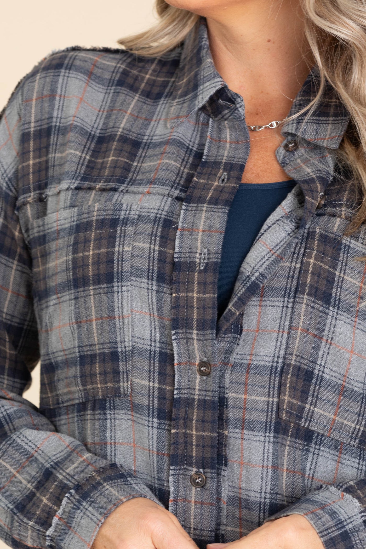 Navy And Grey Plaid Fray Hem Shacket
