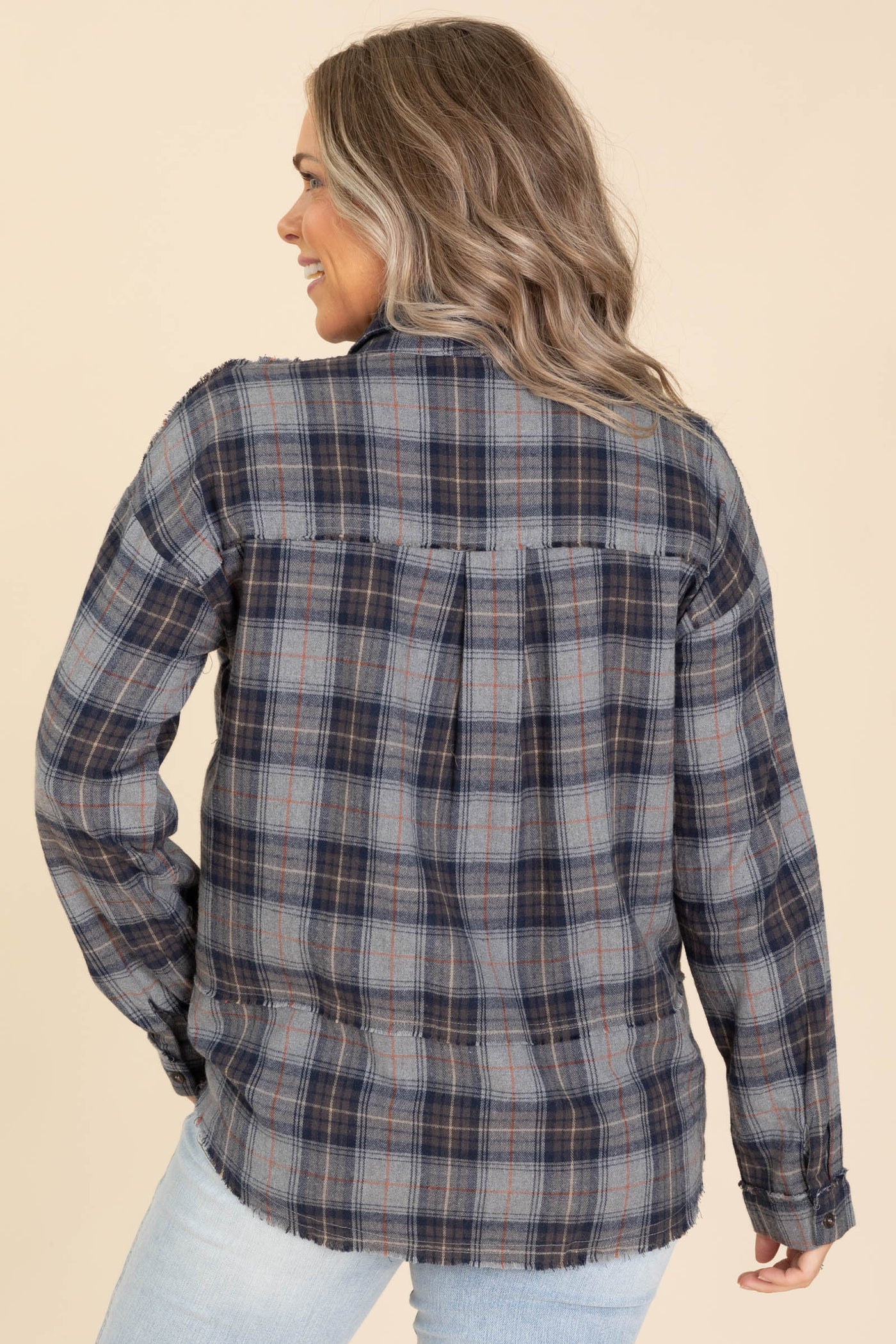 Navy And Grey Plaid Fray Hem Shacket